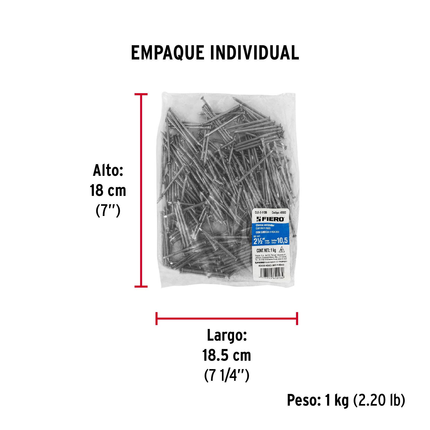 Bolsa con 1 kg de clavo estándar 2-1/2" con cabeza, FIERO - Empaque