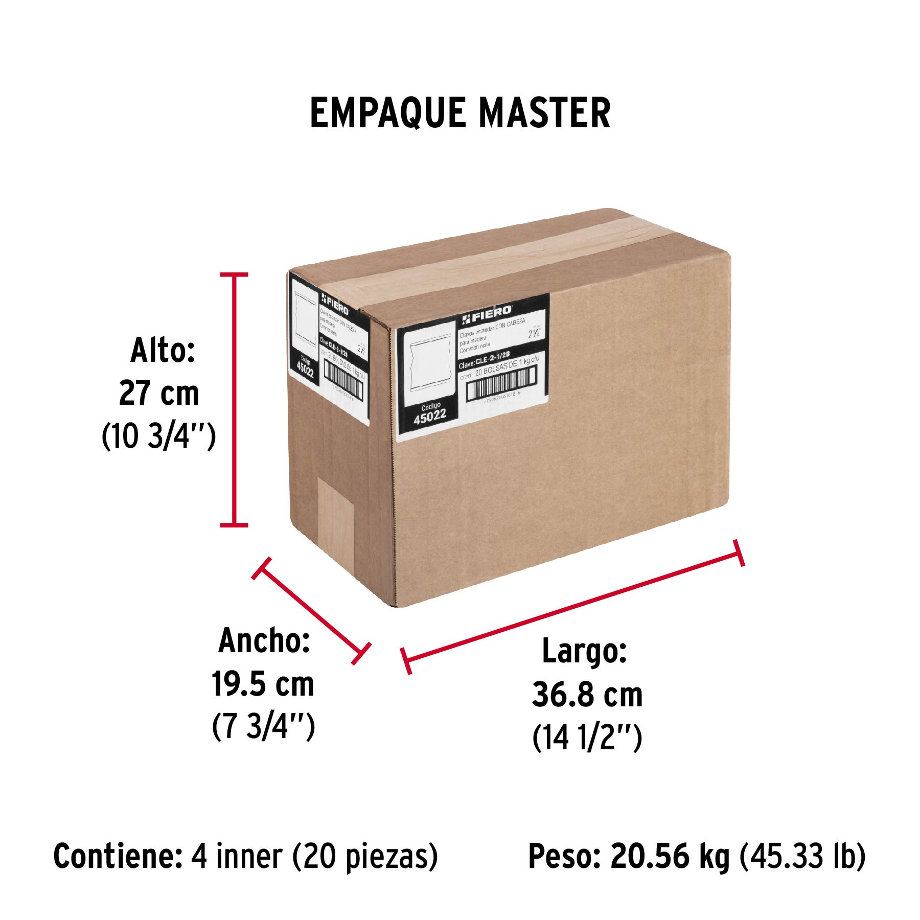 Bolsa con 1 kg de clavo estándar 2-1/2" con cabeza, FIERO - Empaque