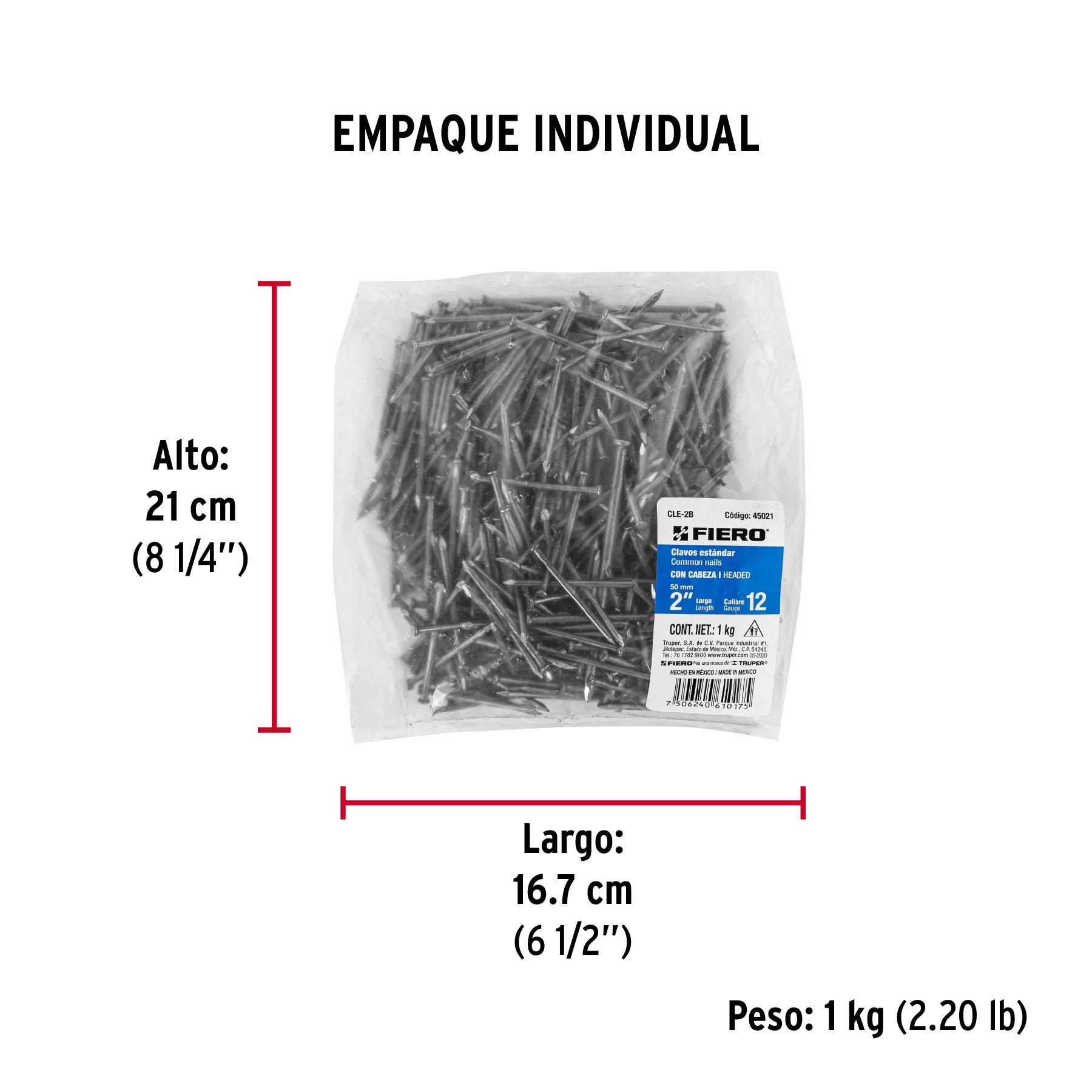 Bolsa con 1 kg de clavo estándar 2" con cabeza, FIERO - Empaque