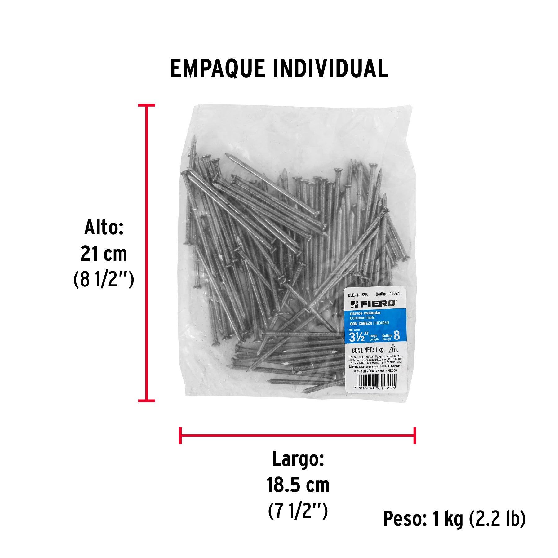 Bolsa con 1 kg de clavo estándar 3-1/2" con cabeza, FIERO - Empaque