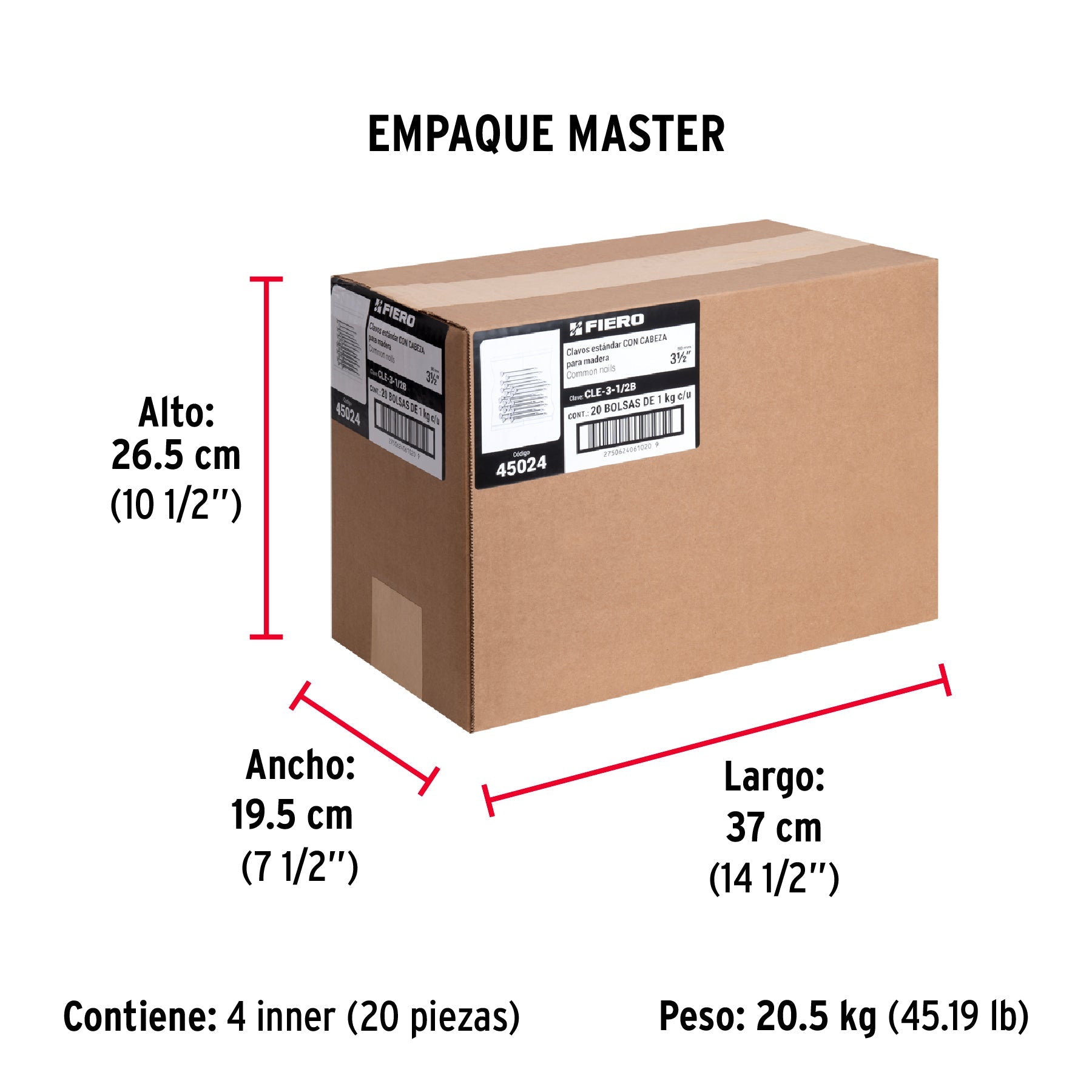 Bolsa con 1 kg de clavo estándar 3-1/2" con cabeza, FIERO - Empaque