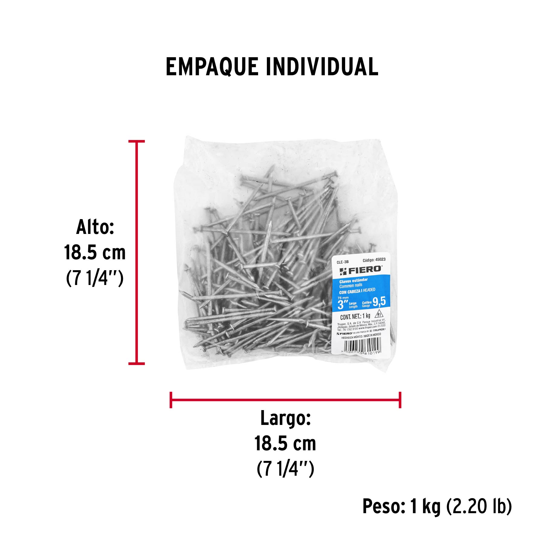 Bolsa con 1 kg de clavo estándar 3" con cabeza, FIERO - Empaque