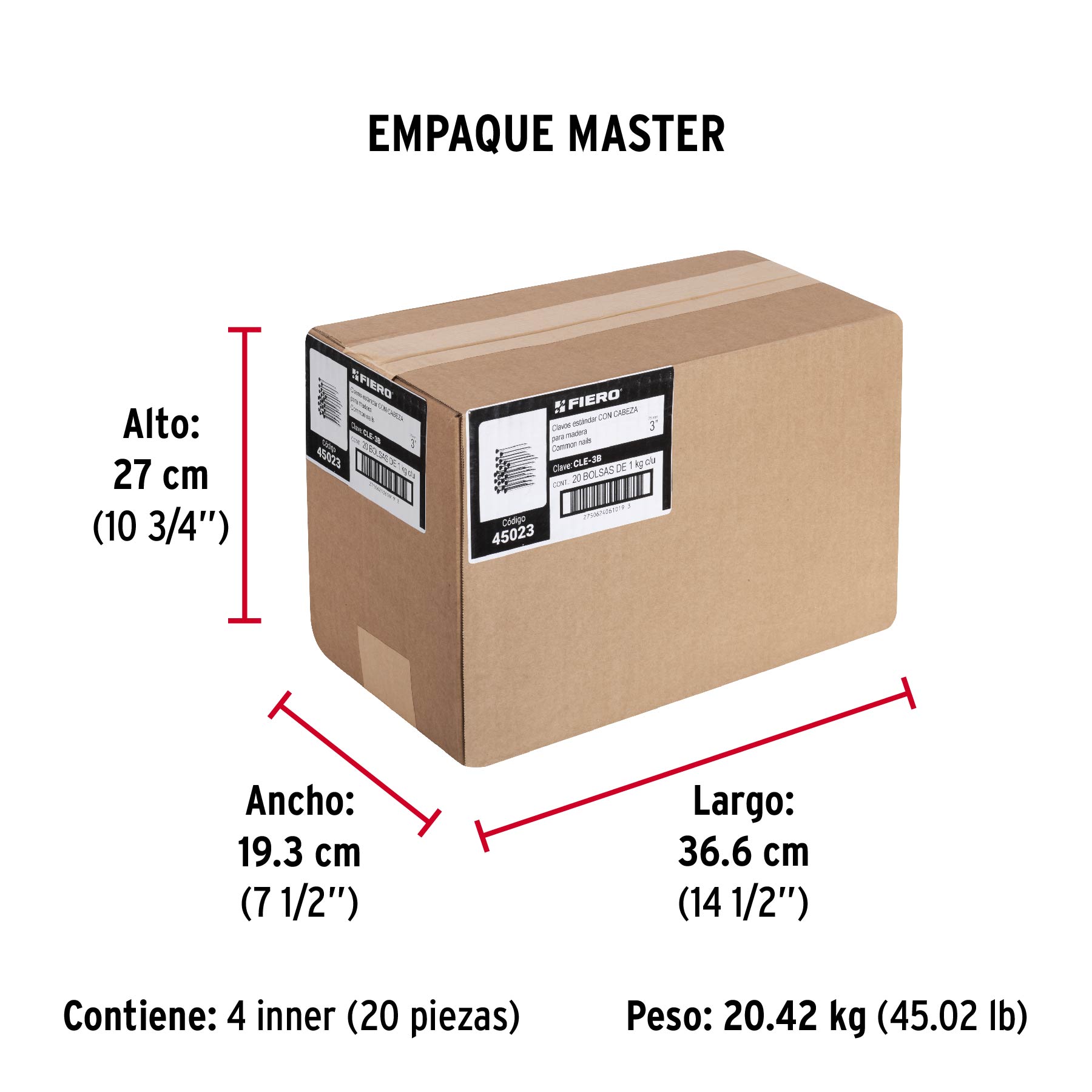 Bolsa con 1 kg de clavo estándar 3" con cabeza, FIERO - Empaque