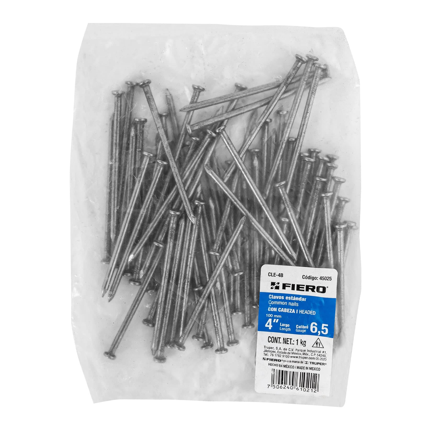 Bolsa con 1 kg de clavo estándar 4" con cabeza, FIERO