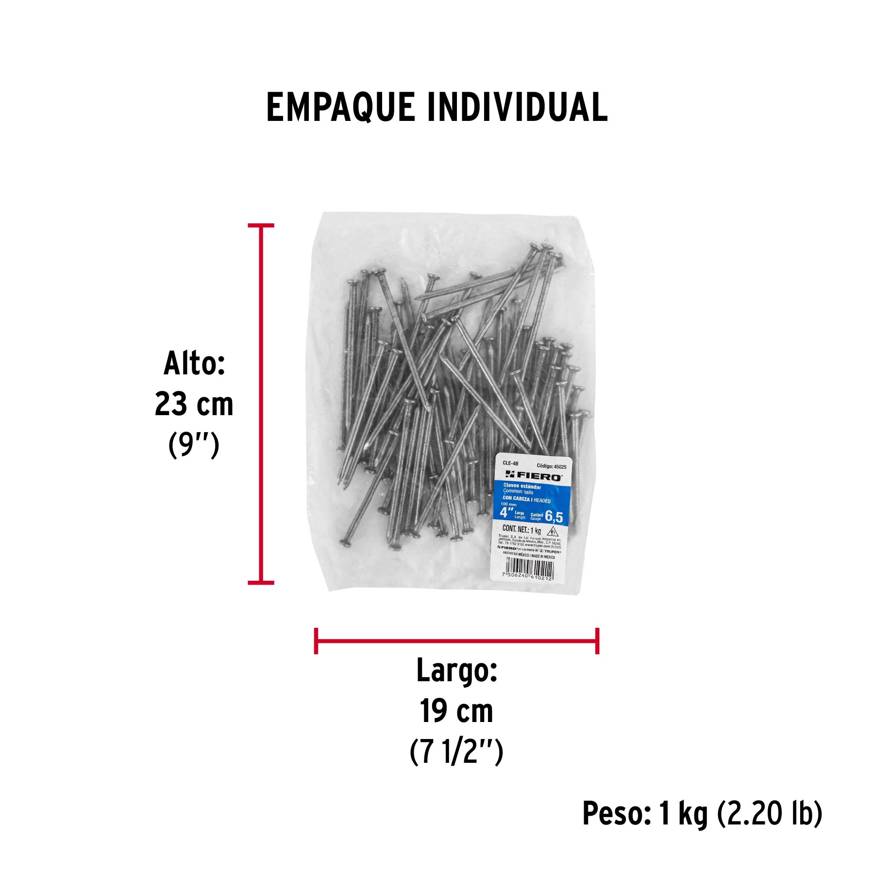Bolsa con 1 kg de clavo estándar 4" con cabeza, FIERO - Empaque
