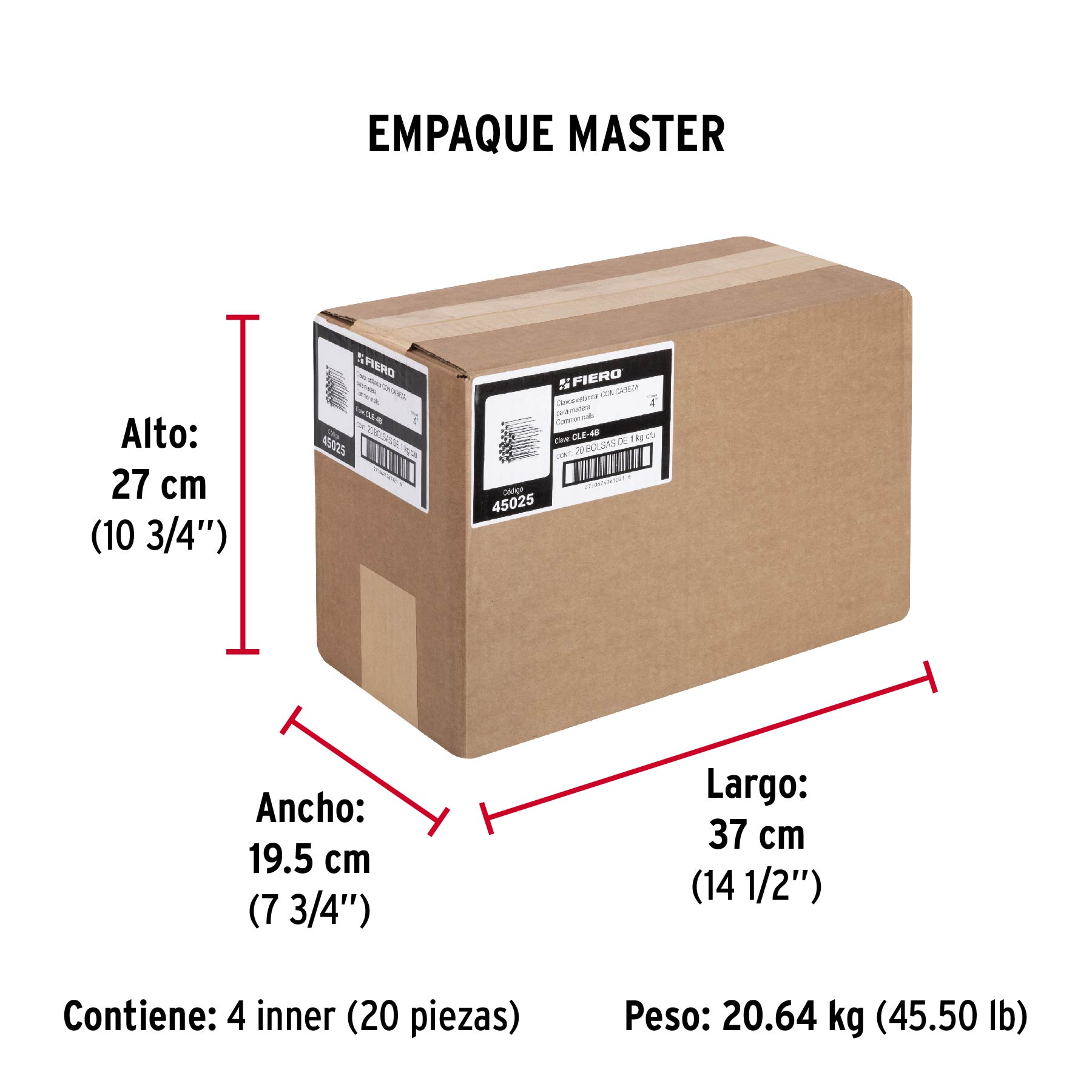 Bolsa con 1 kg de clavo estándar 4" con cabeza, FIERO - Empaque