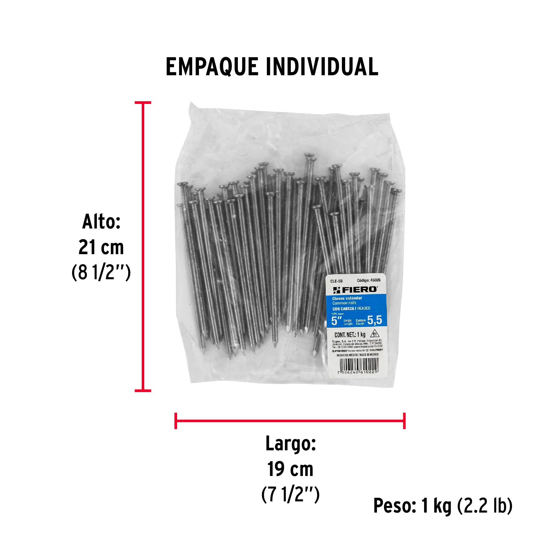 Bolsa con 1 kg de clavo estándar 5" con cabeza, FIERO - Empaque