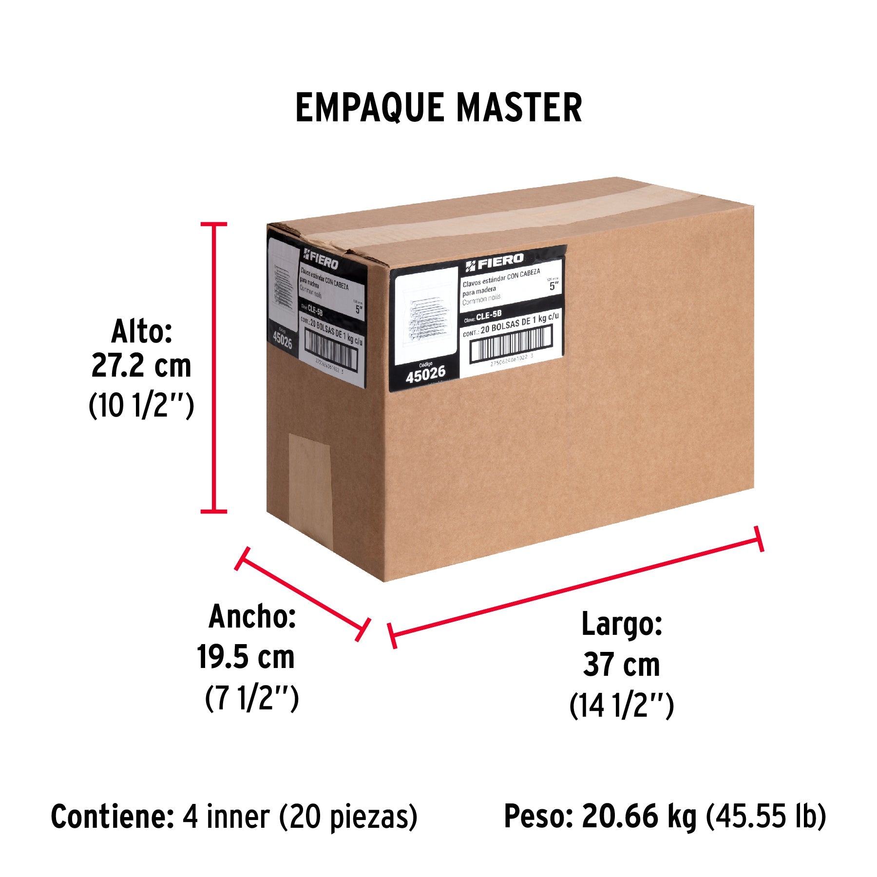 Bolsa con 1 kg de clavo estándar 5" con cabeza, FIERO - Empaque