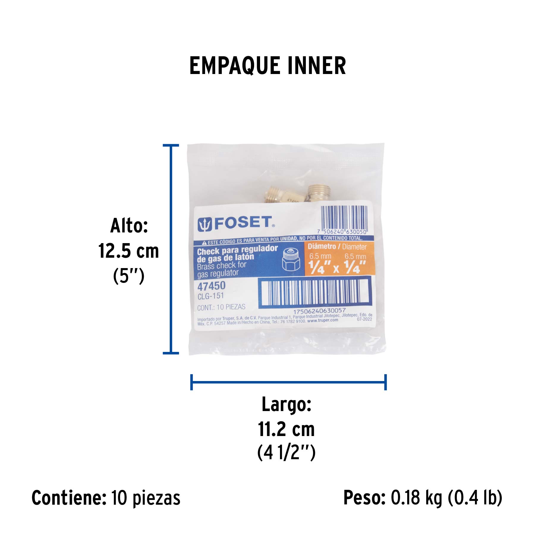 Check para regulador de 1/4" X 1/4" para gas, FOSET - Empaque