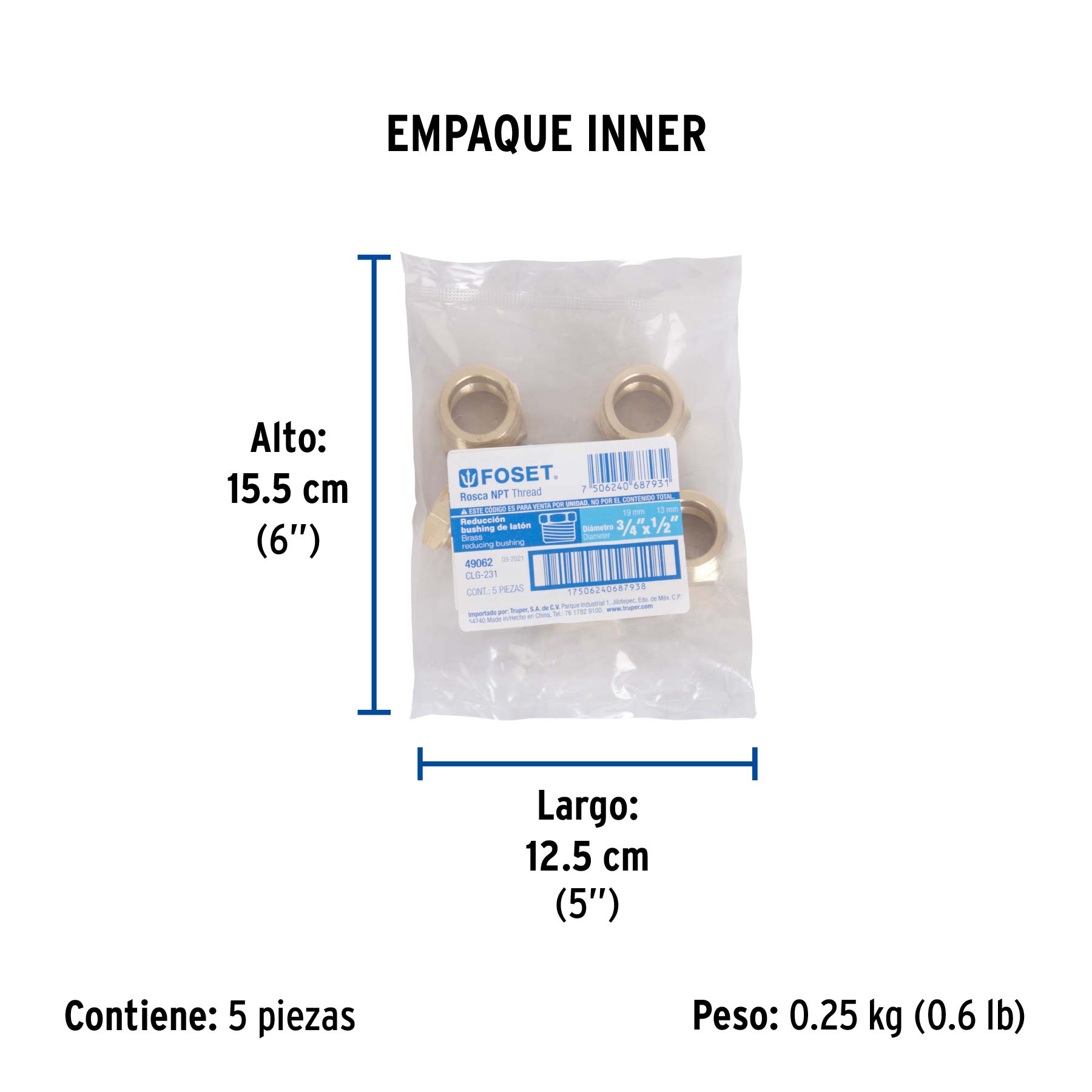Reducción bushing de latón, 3/4" x 1/2", FOSET - Empaque