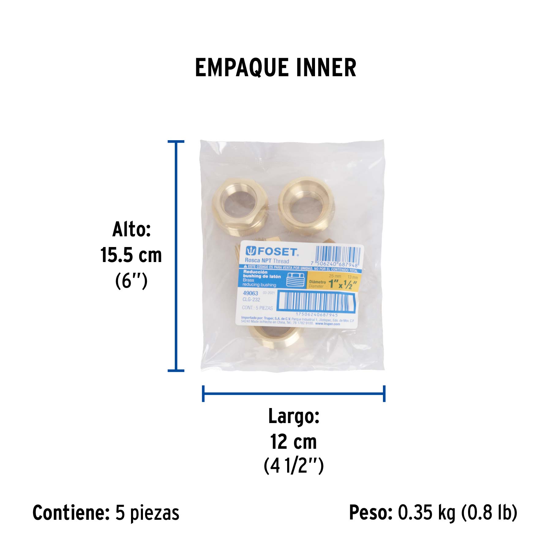 Reducción bushing de latón, 1" x 1/2", FOSET - Empaque