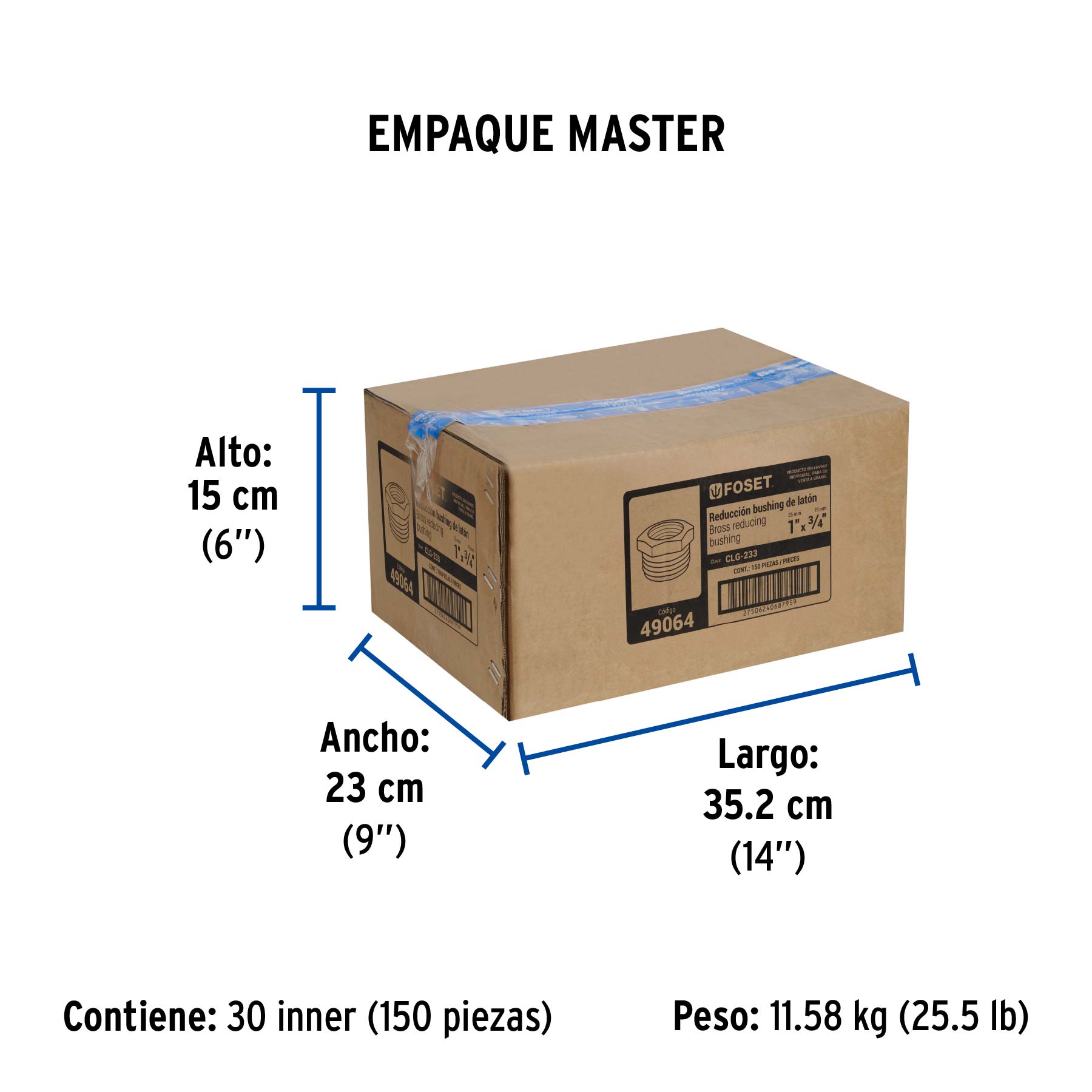 Reducción bushing de latón, 1" x 3/4", FOSET - Empaque
