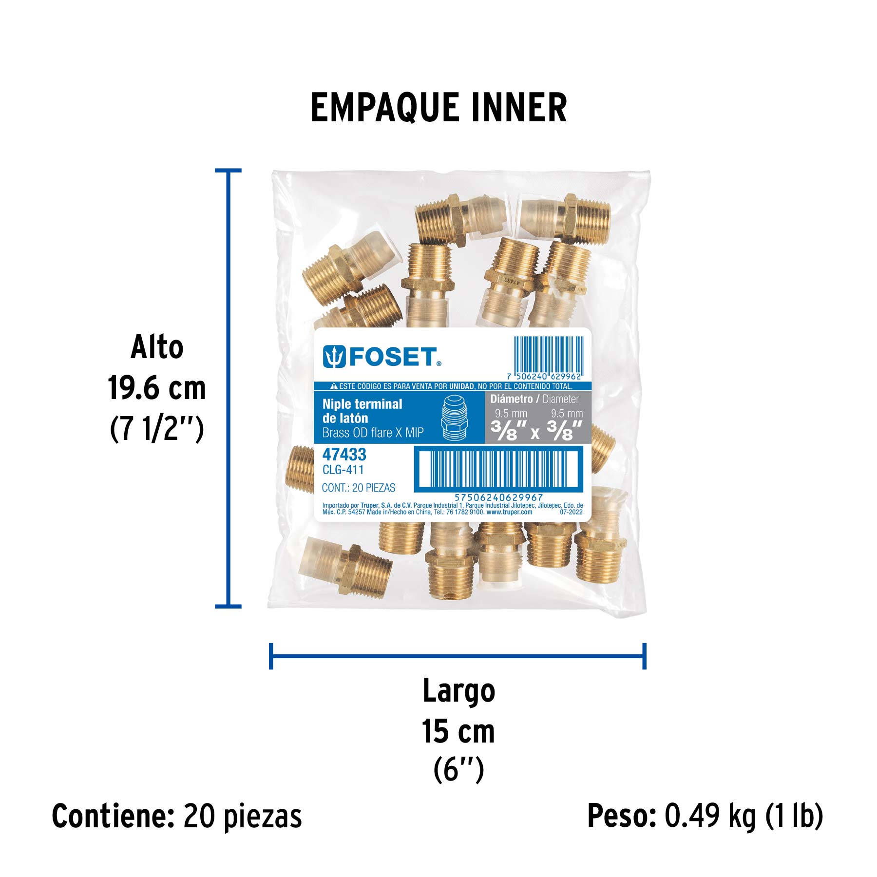 Niple terminal de latón de 3/8" X 3/8", FOSET - Empaque
