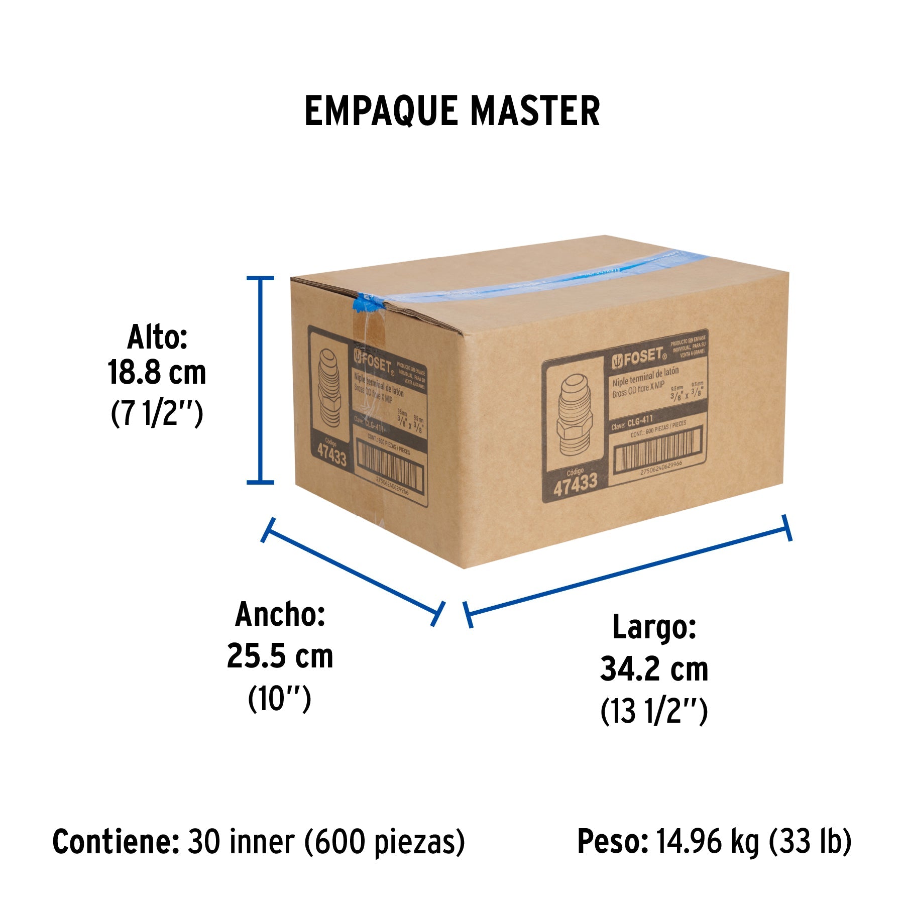 Niple terminal de latón de 3/8" X 3/8", FOSET - Empaque