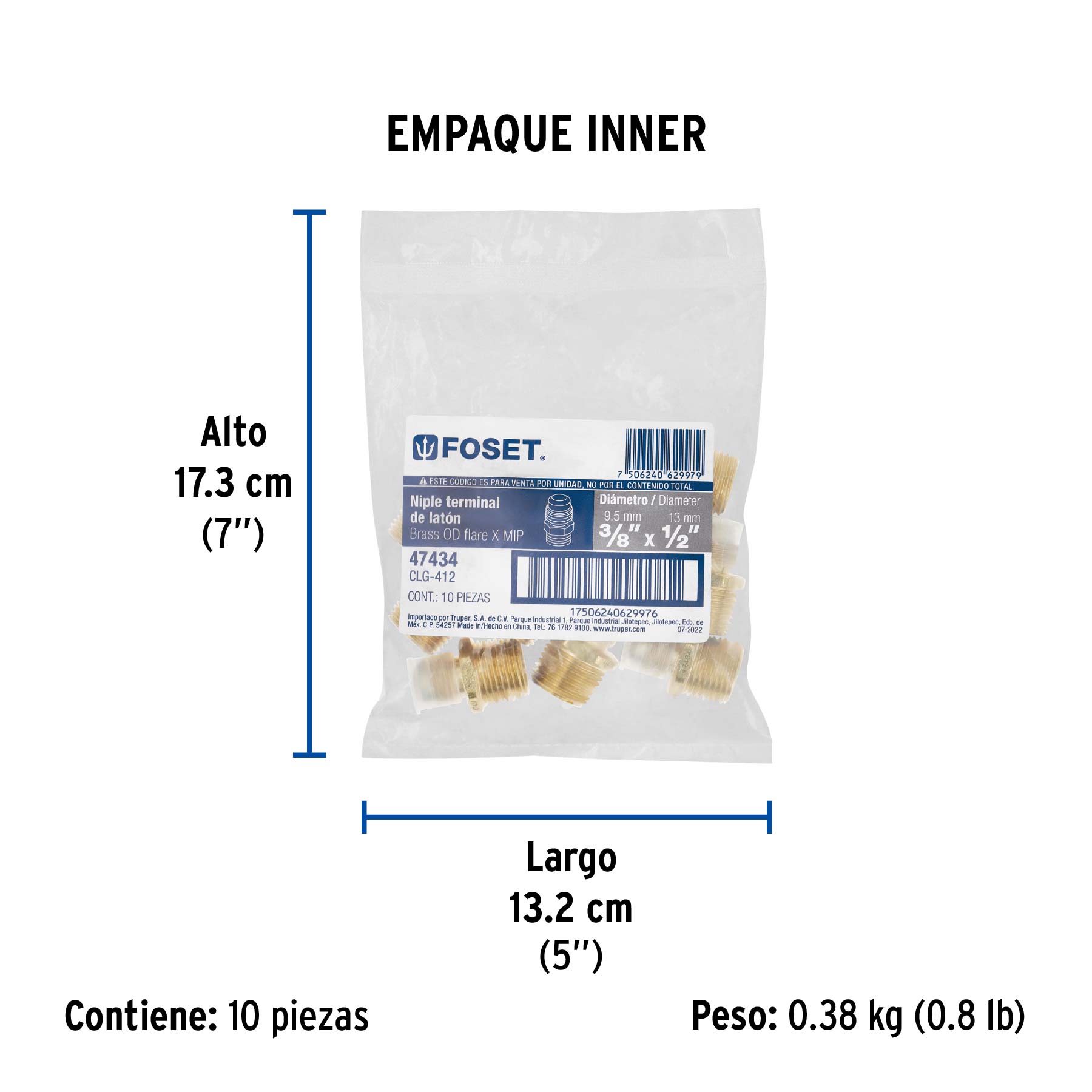 Niple terminal de latón de 3/8" X 1/2", FOSET - Empaque