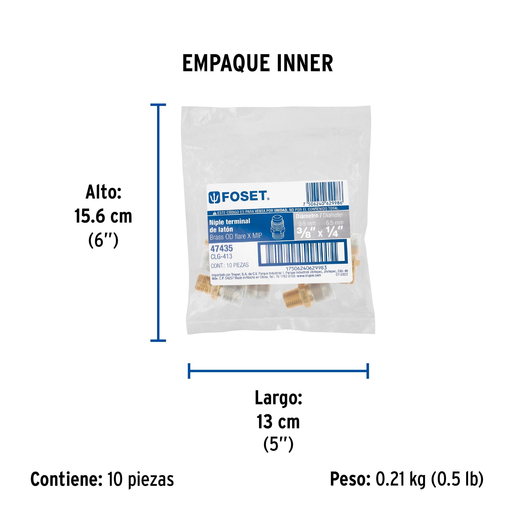 Niple terminal de latón de 3/8" X 1/4", FOSET - Empaque