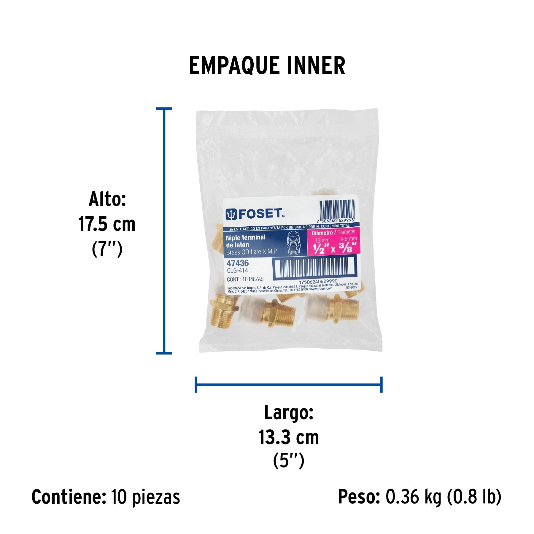 Niple terminal de latón de 1/2" X 3/8", FOSET - Empaque