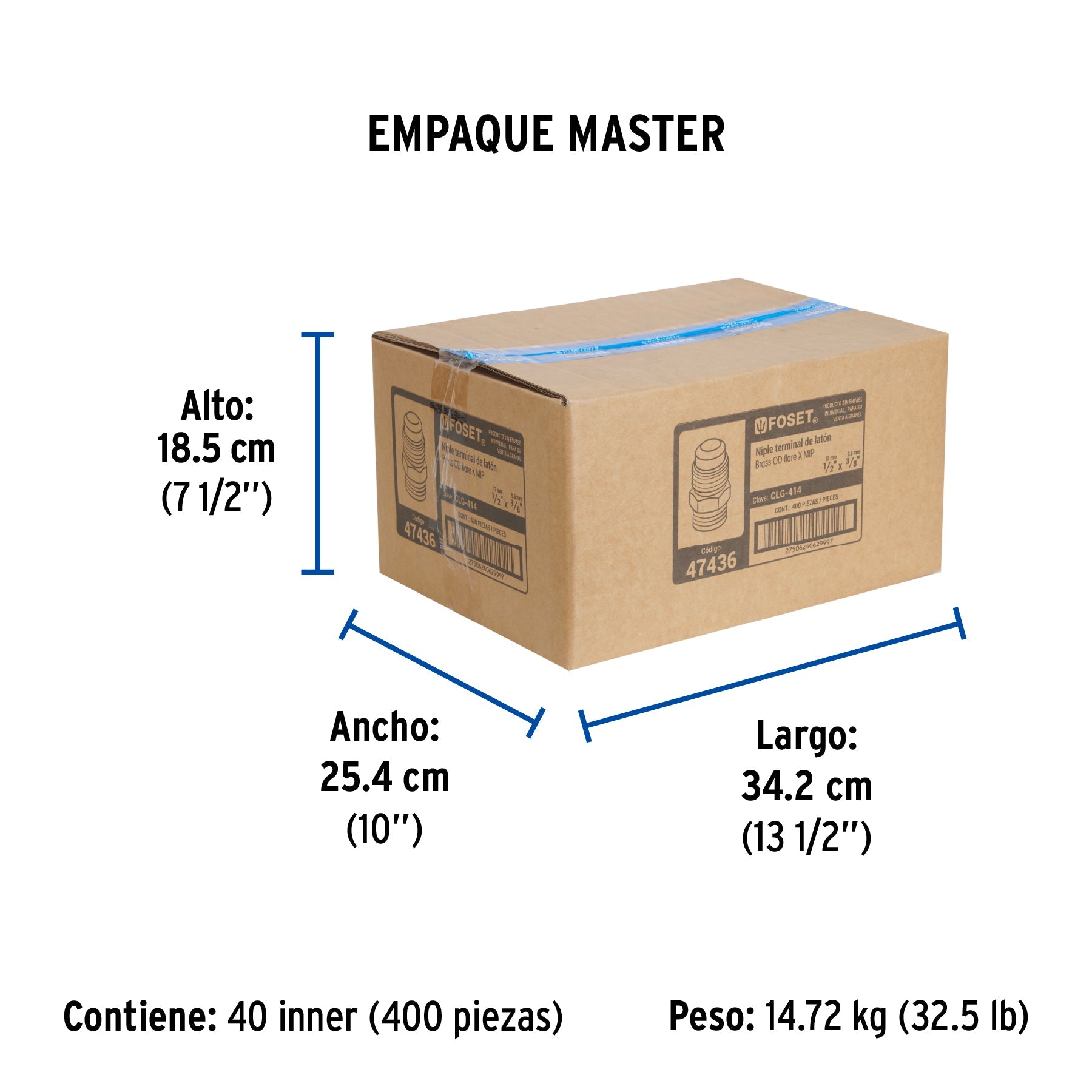 Niple terminal de latón de 1/2" X 3/8", FOSET - Empaque
