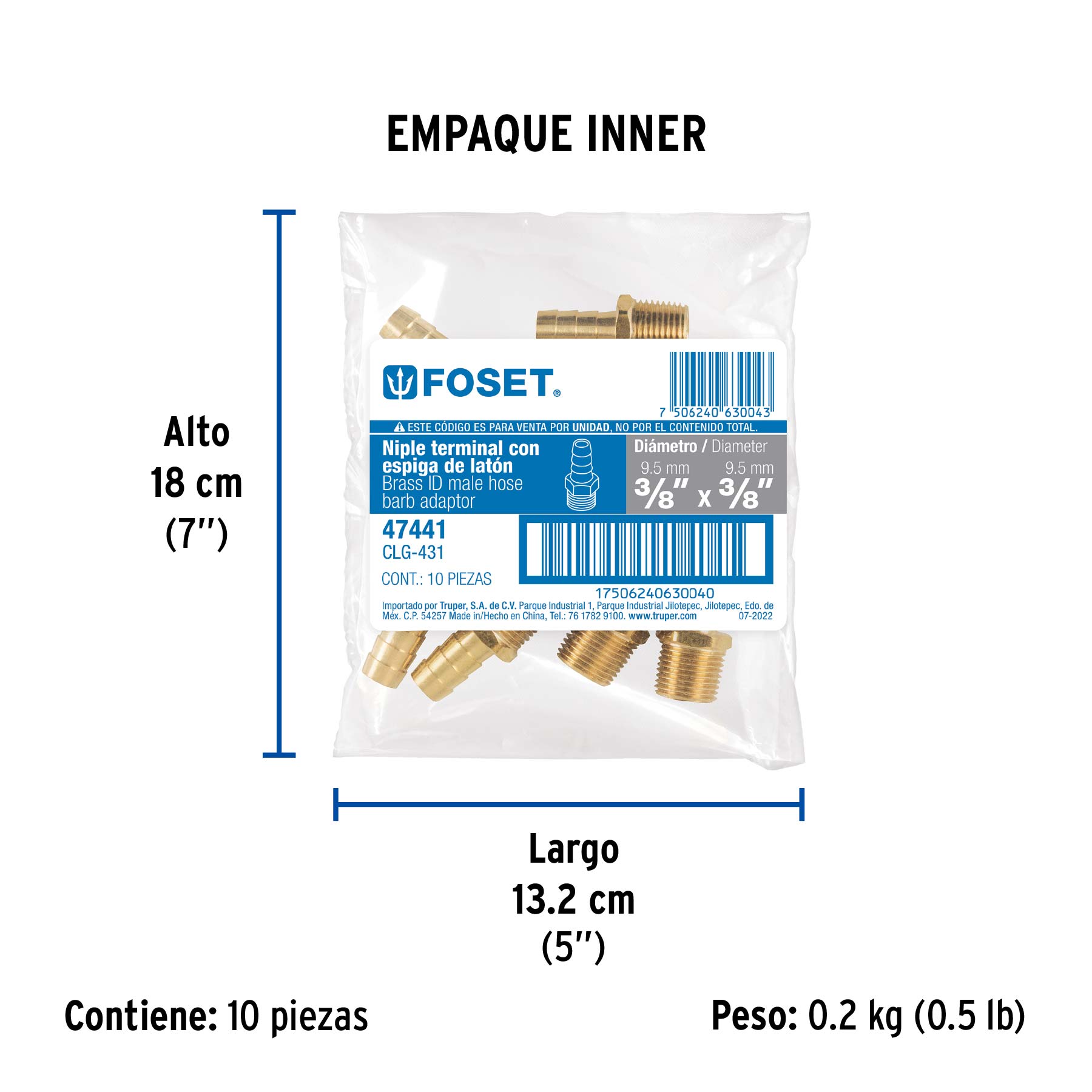 Niple terminal con espiga de 3/8" X 3/8", FOSET - Empaque