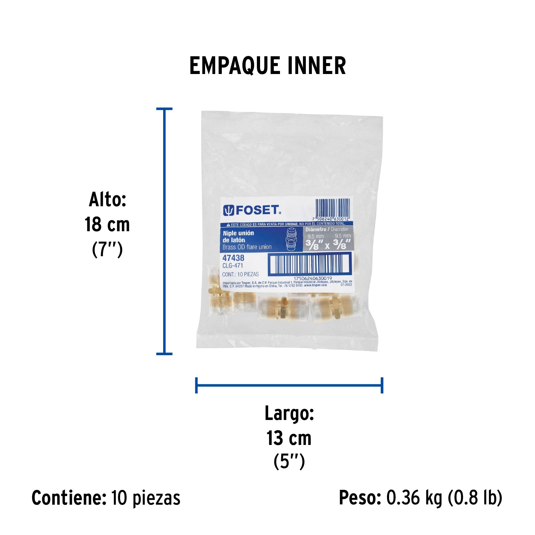 Niple unión de latón de 3/8" X 3/8", FOSET - Empaque