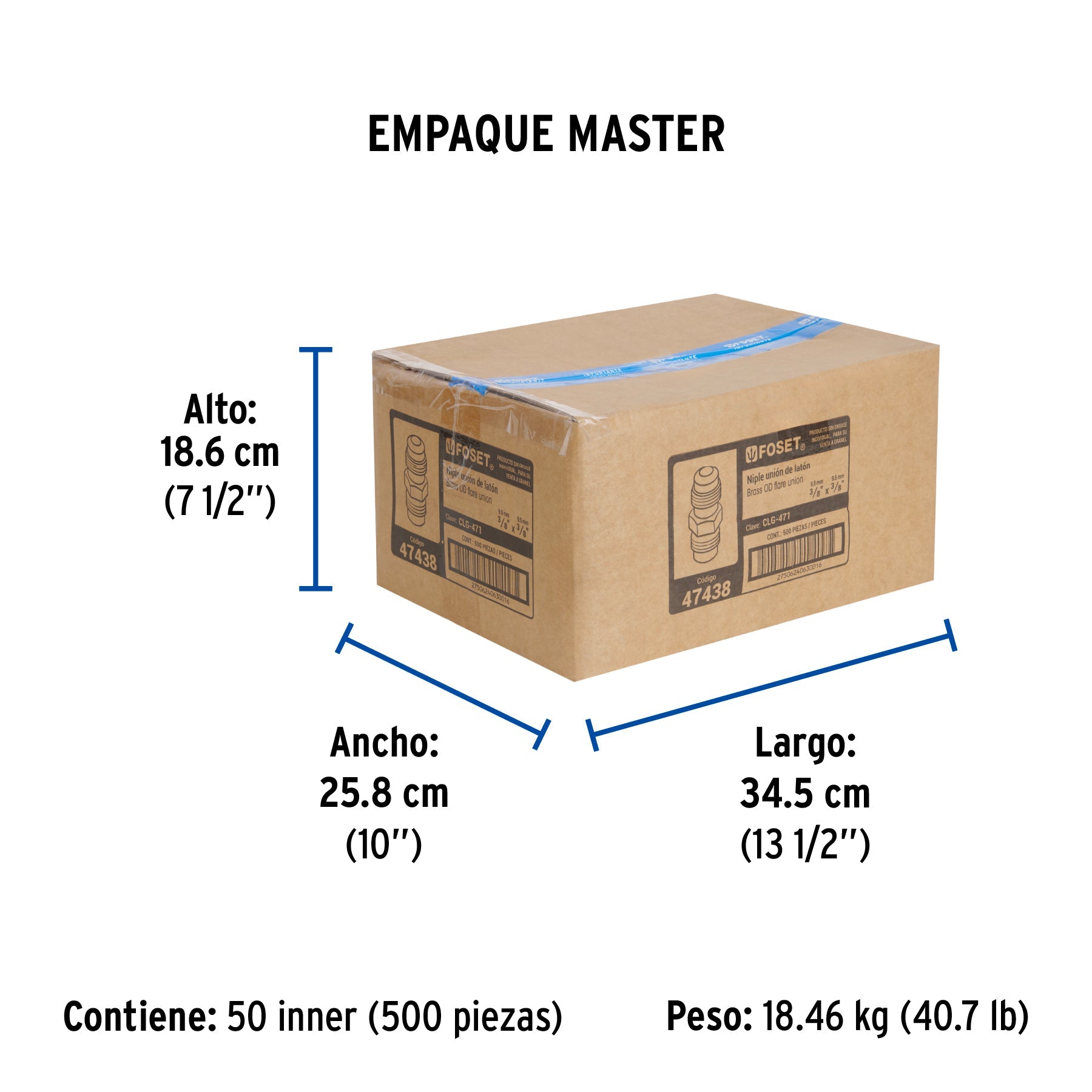 Niple unión de latón de 3/8" X 3/8", FOSET - Empaque