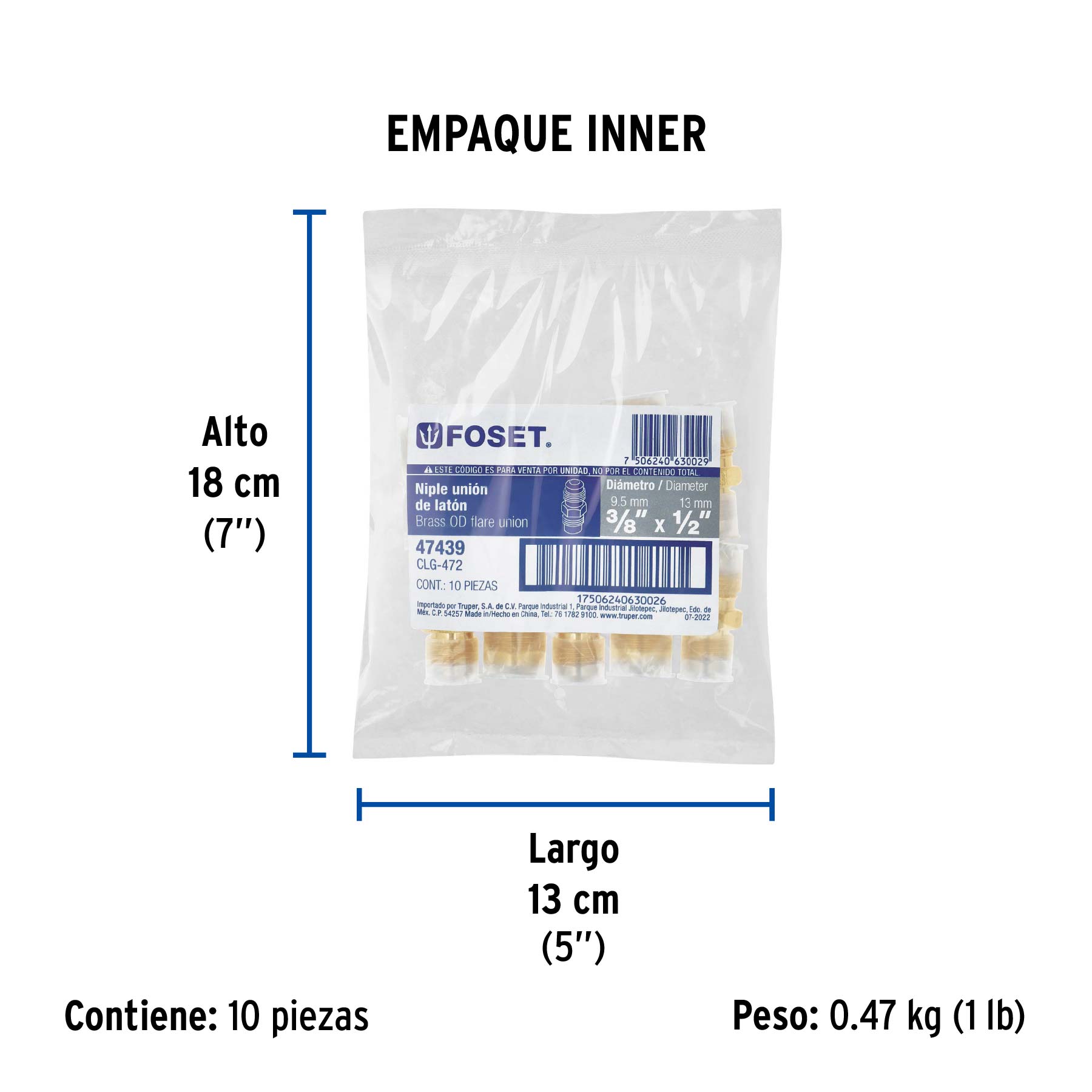 Niple unión de latón de 3/8" X 1/2", FOSET - Empaque