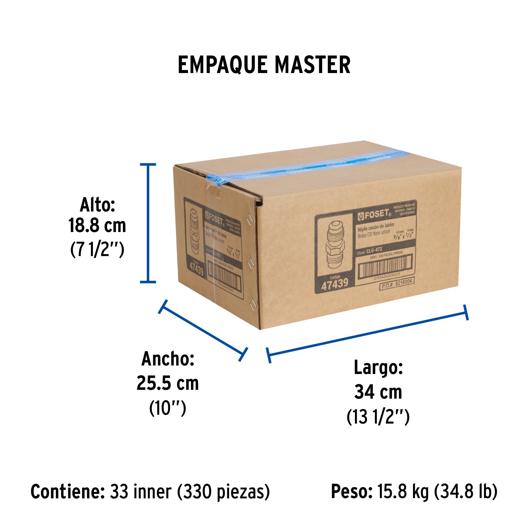 Niple unión de latón de 3/8" X 1/2", FOSET - Empaque