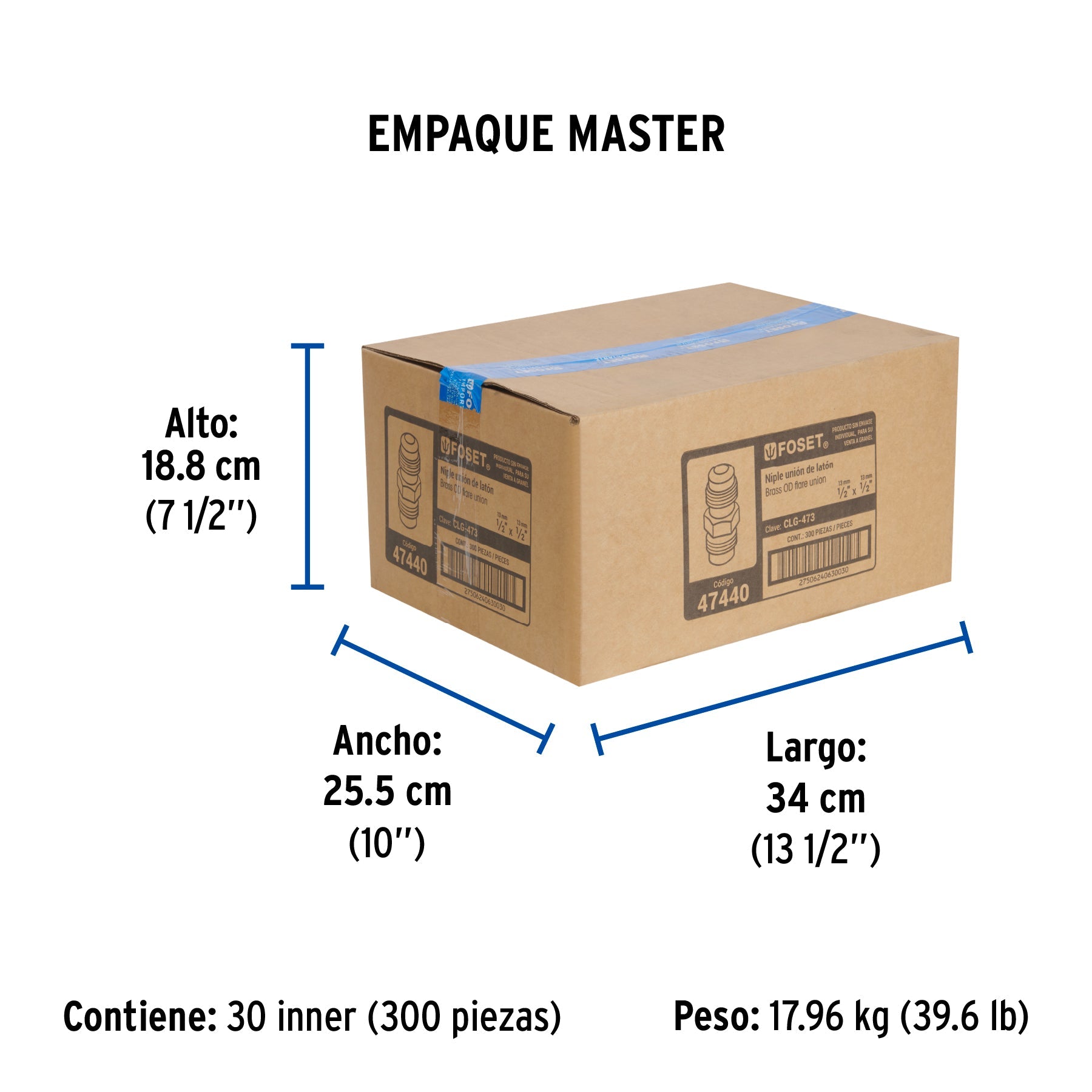 Niple unión de latón de 1/2" X 1/2", FOSET - Empaque