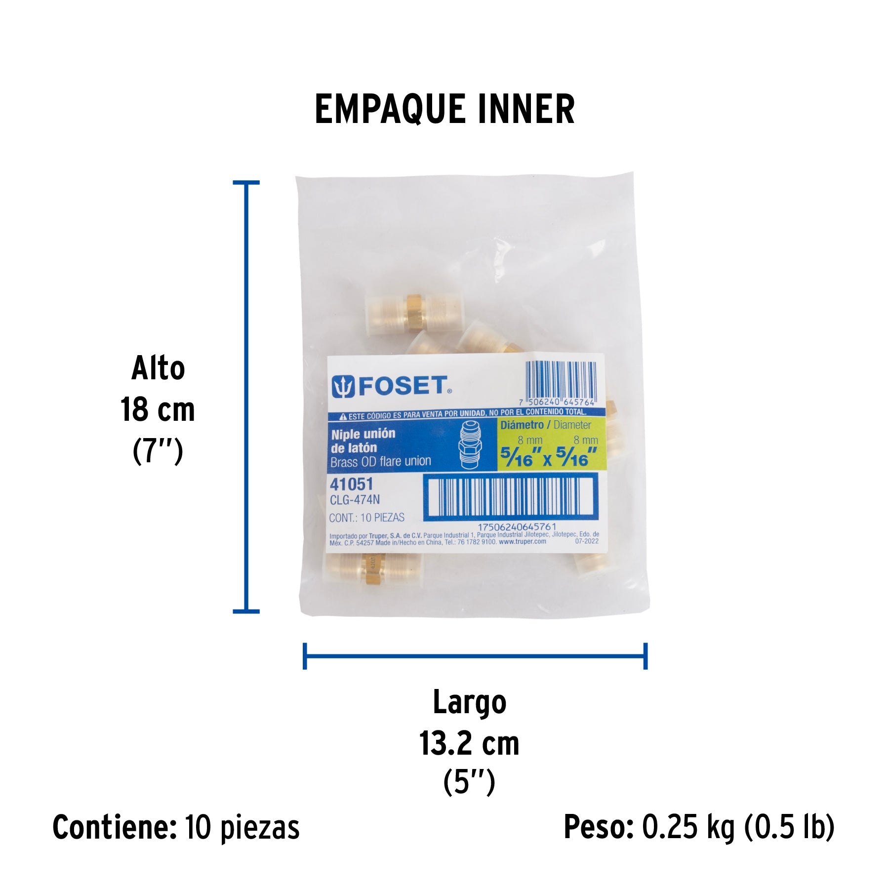 Niple unión de latón de 5/16" x 5/16", FOSET - Empaque
