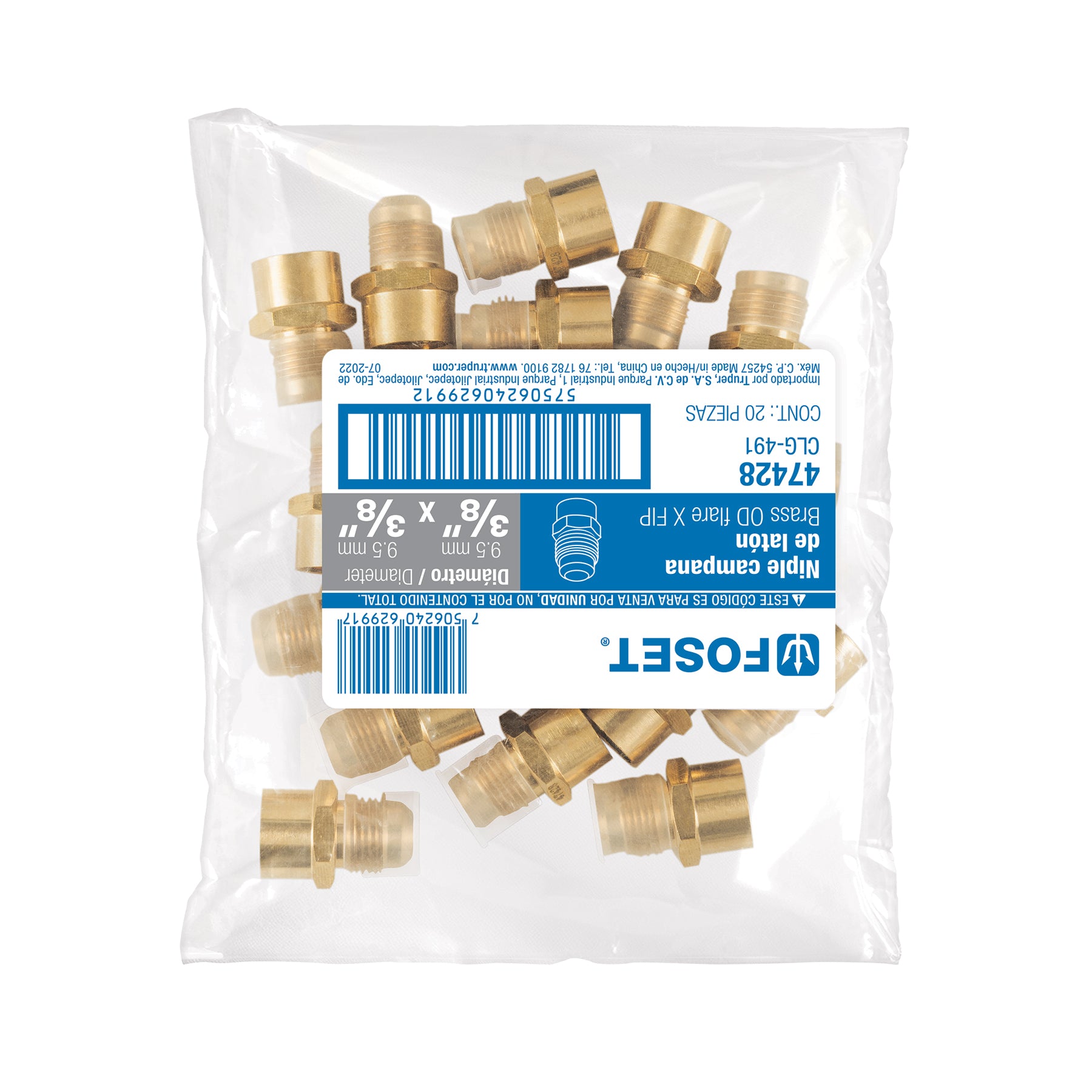 Niple campana de latón de 3/8" X 3/8", FOSET