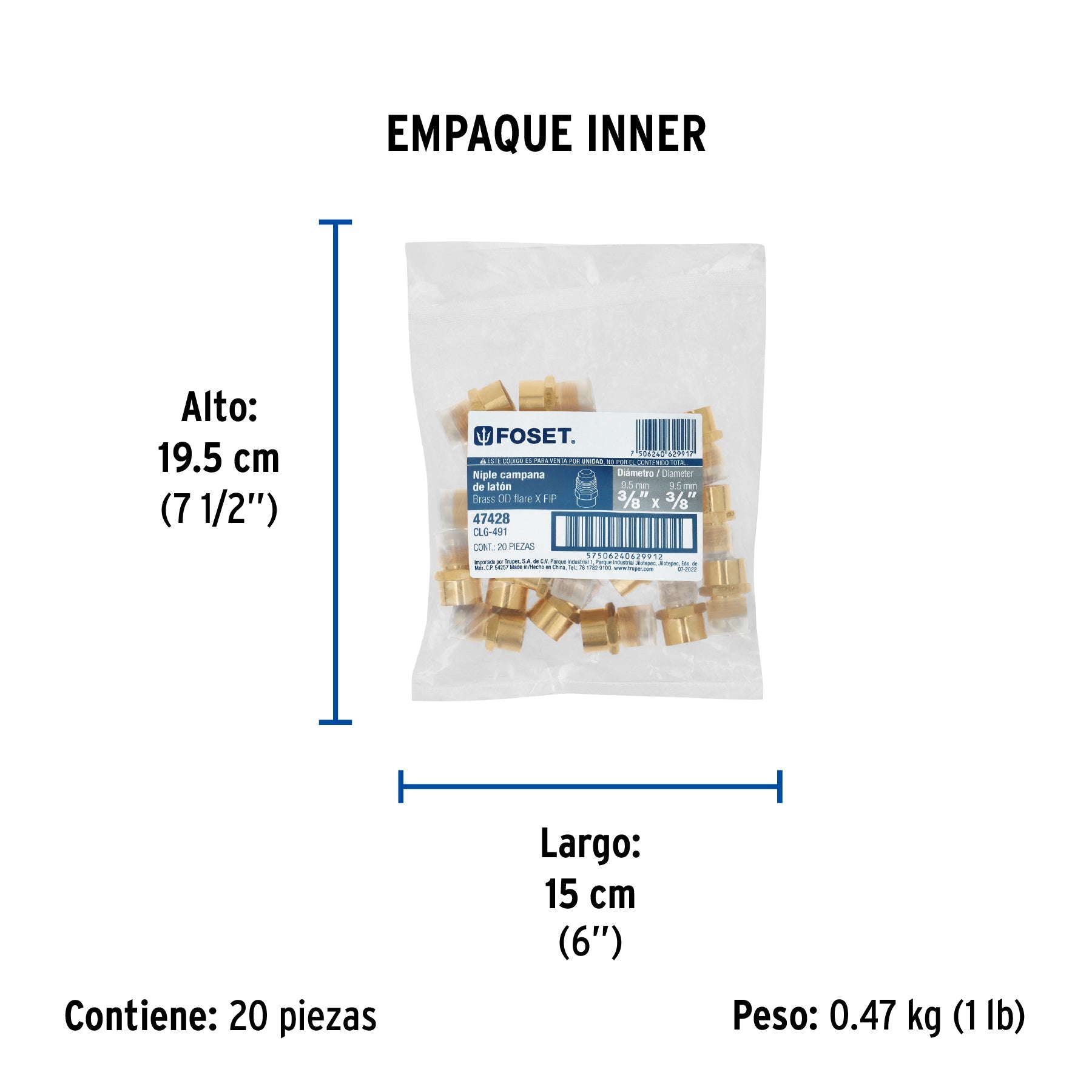 Niple campana de latón de 3/8" X 3/8", FOSET - Empaque
