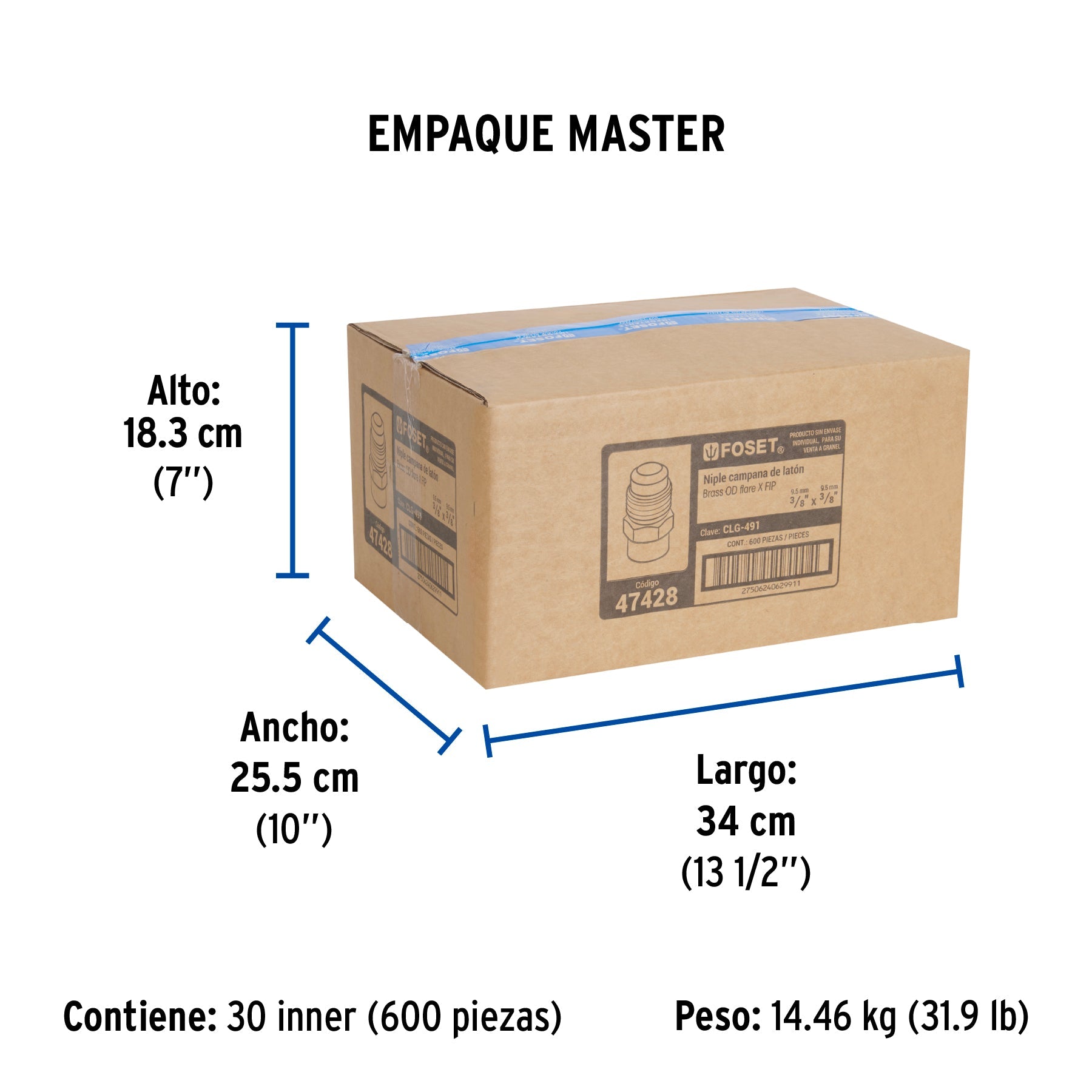 Niple campana de latón de 3/8" X 3/8", FOSET - Empaque