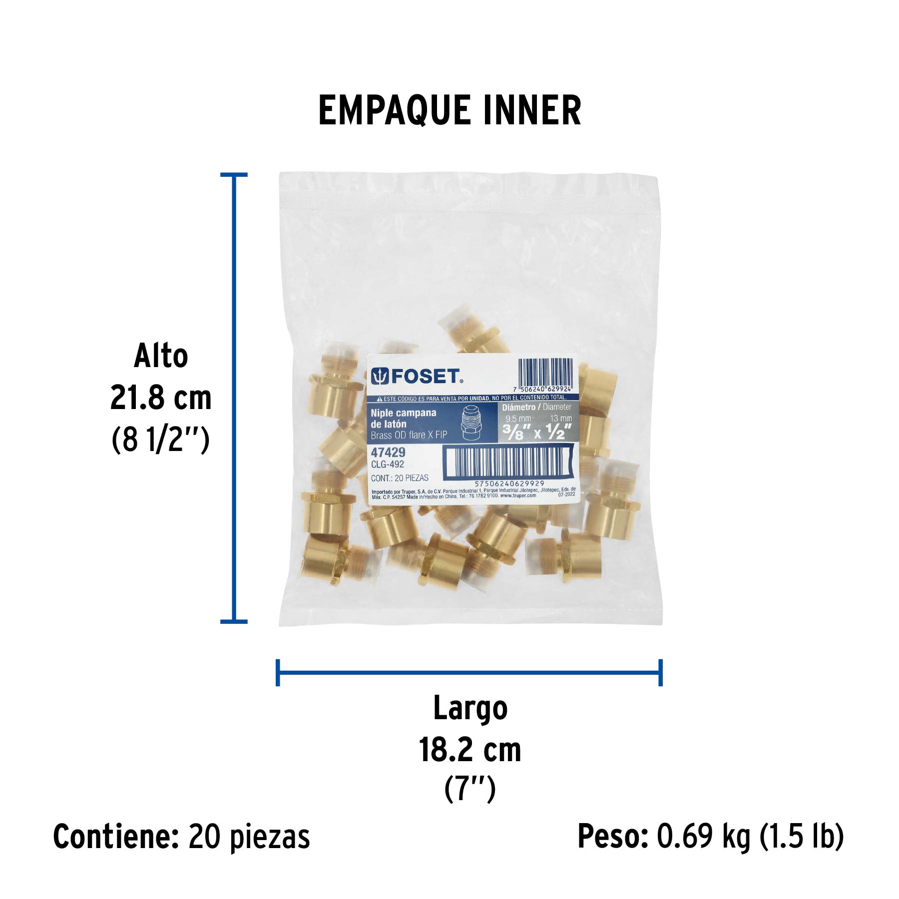 Niple campana de latón de 3/8" X 1/2", FOSET - Empaque