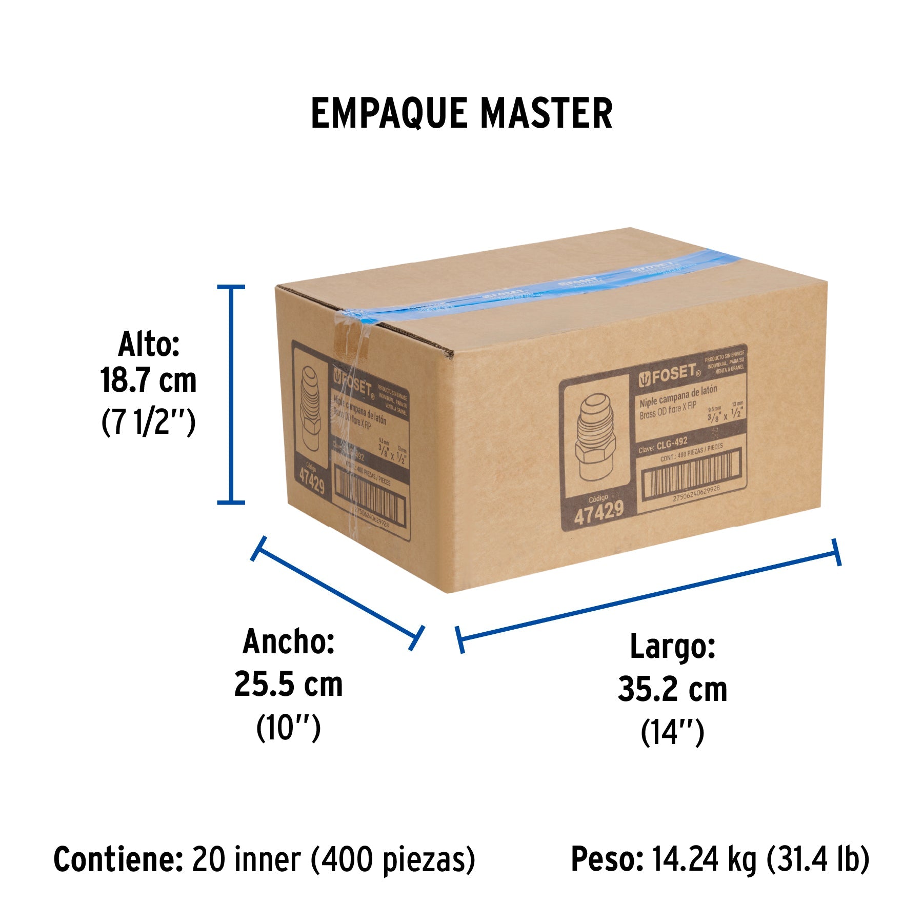 Niple campana de latón de 3/8" X 1/2", FOSET - Empaque