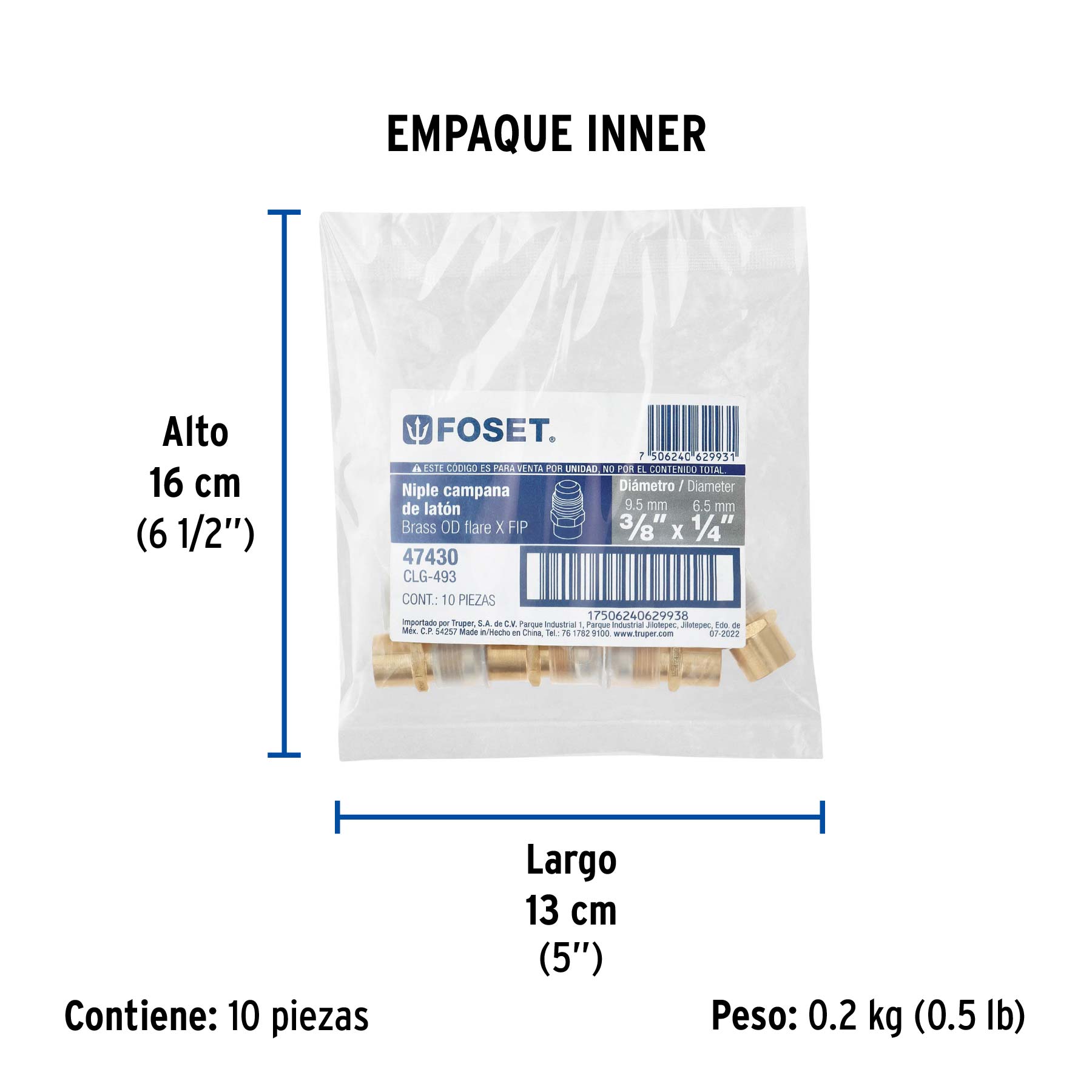 Niple campana de latón de 3/8" X 1/4", FOSET - Empaque