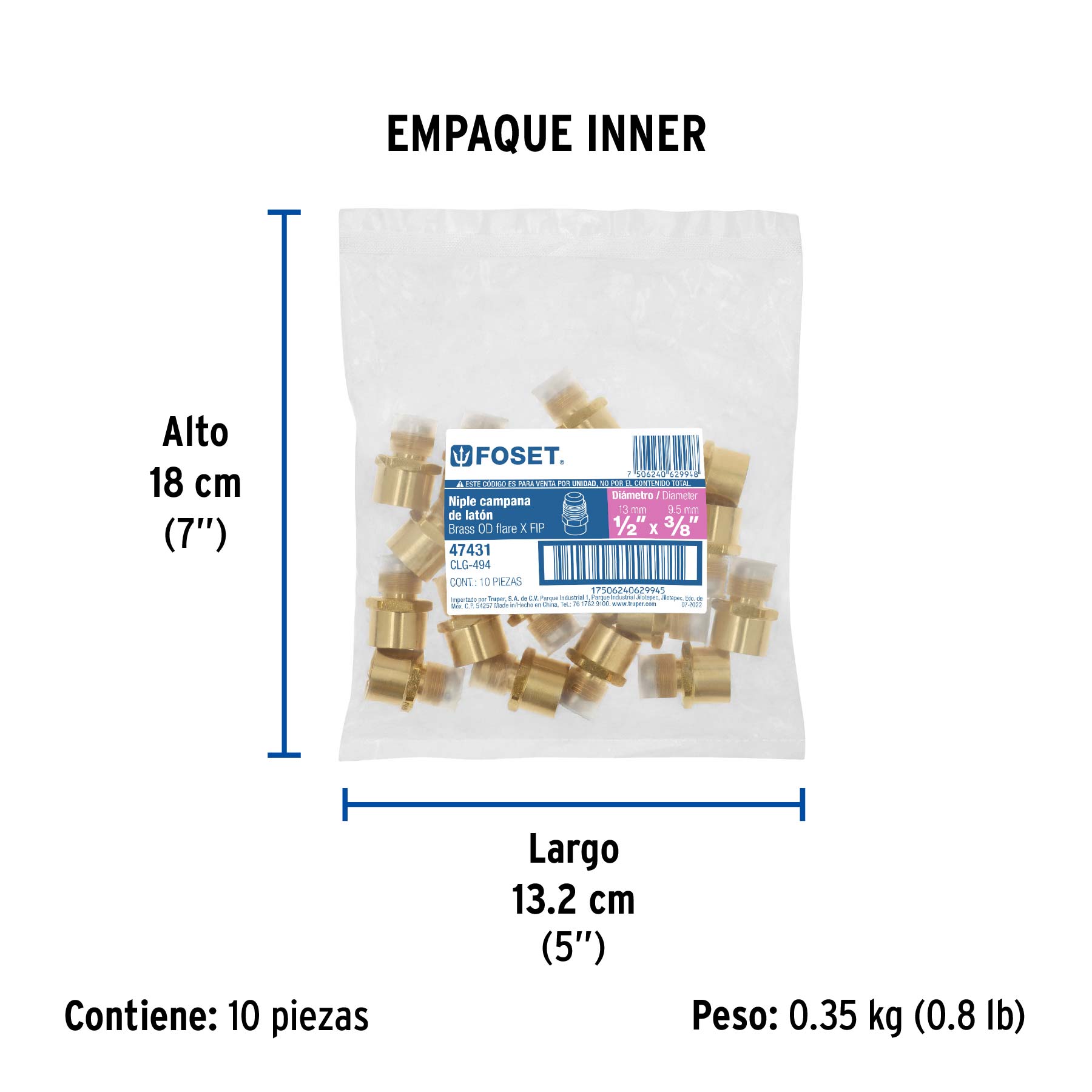 Niple campana de latón de 1/2" X 3/8", FOSET - Empaque
