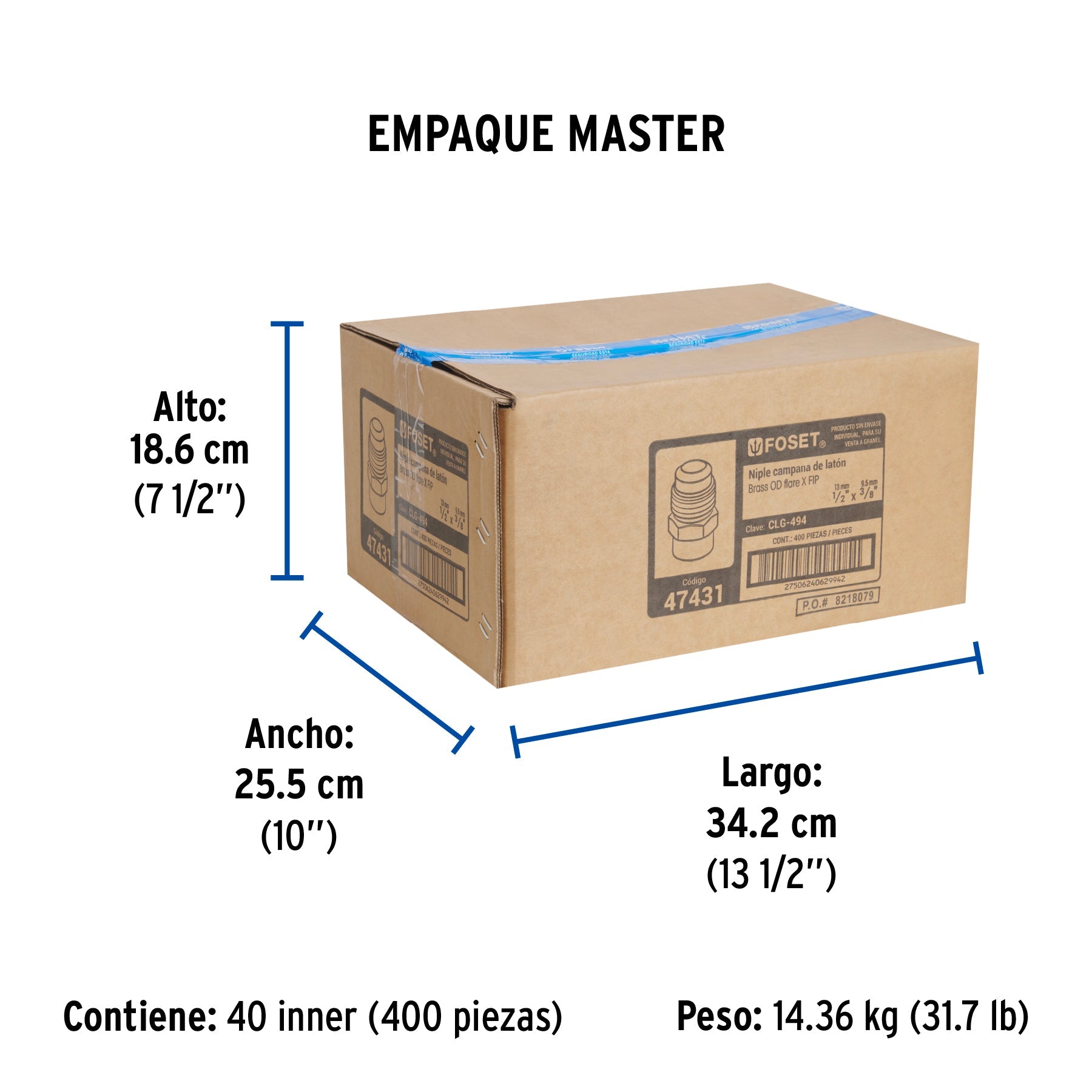 Niple campana de latón de 1/2" X 3/8", FOSET - Empaque