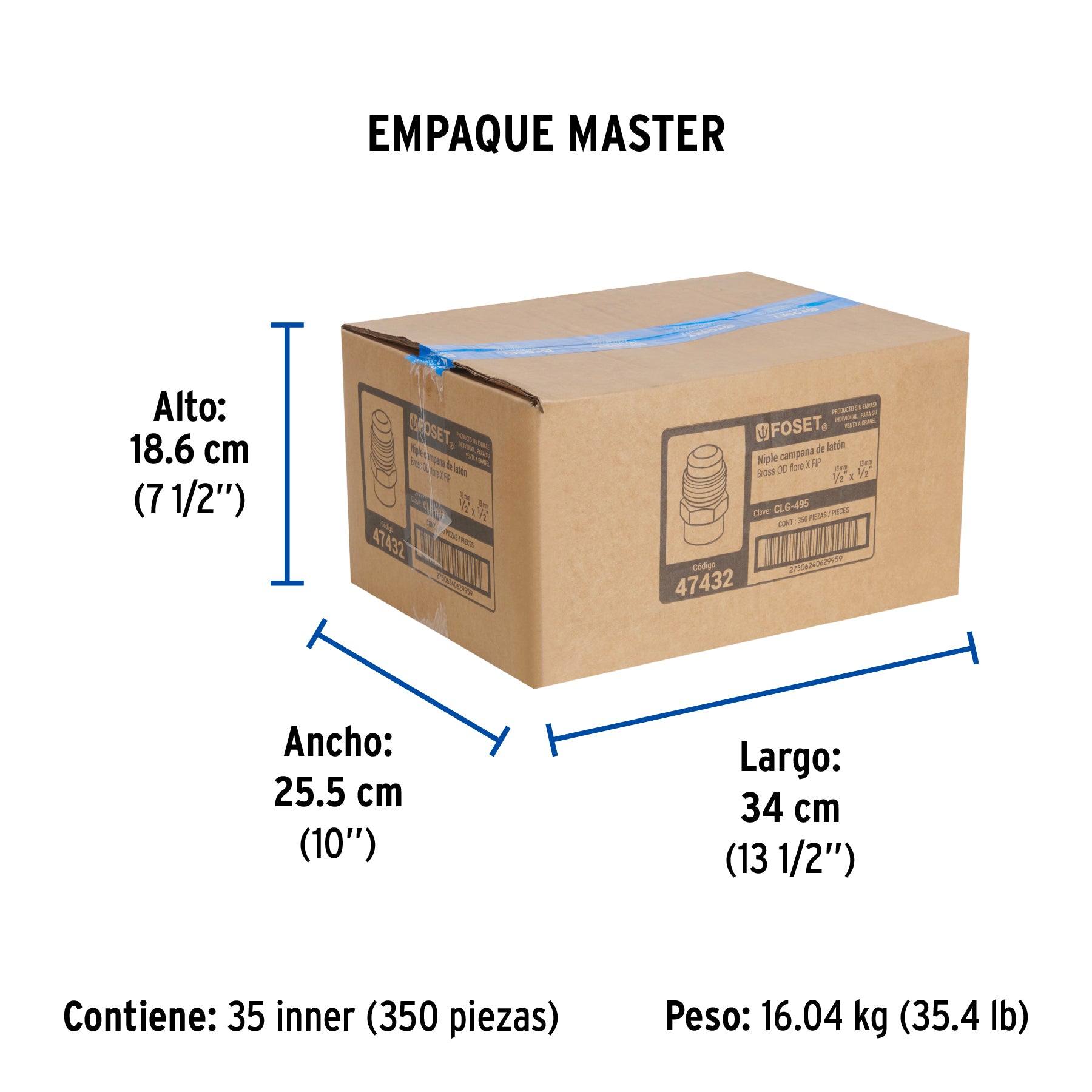 Niple campana de latón de 1/2" X 1/2", FOSET - Empaque