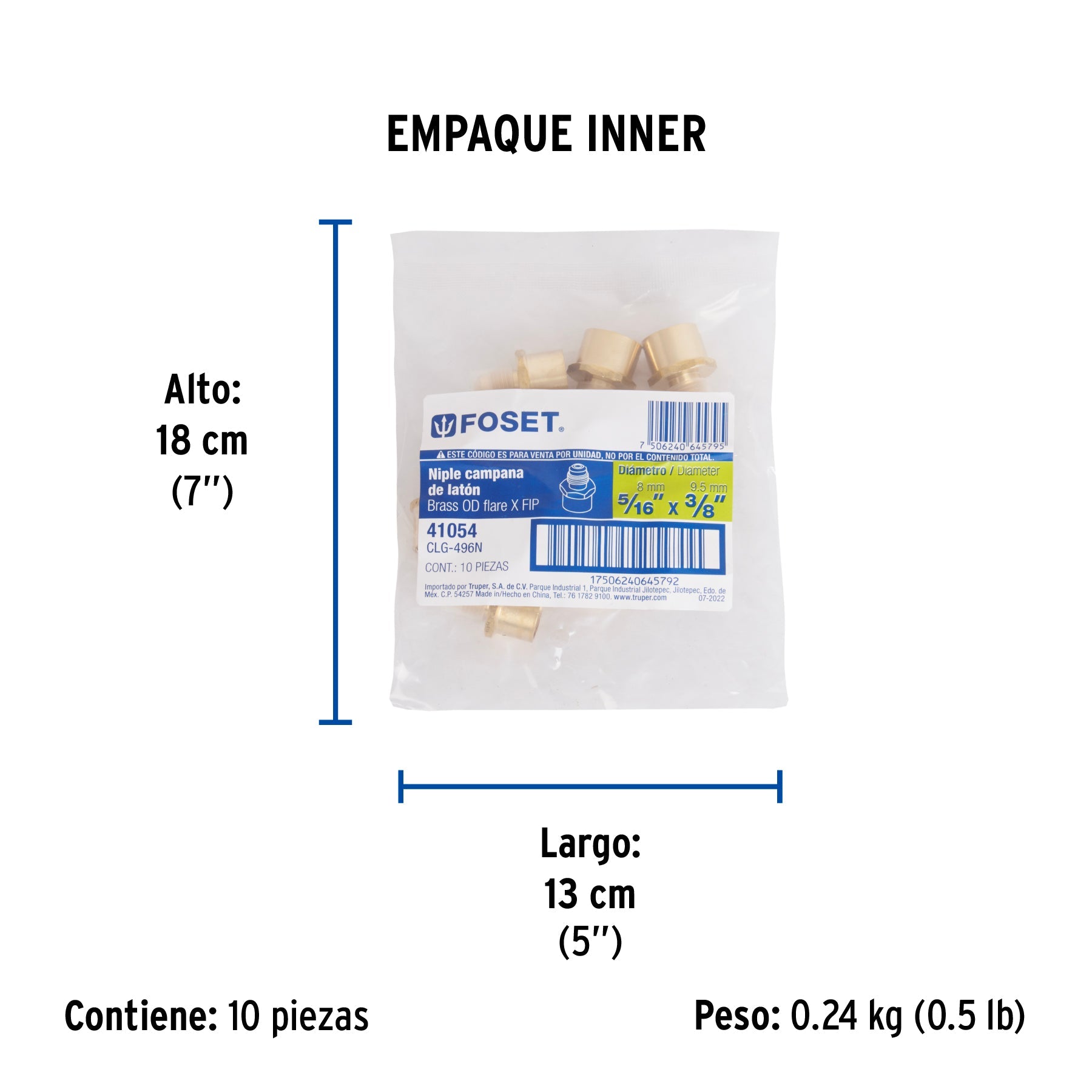 Niple campana de latón de 5/16" X 3/8", FOSET - Empaque