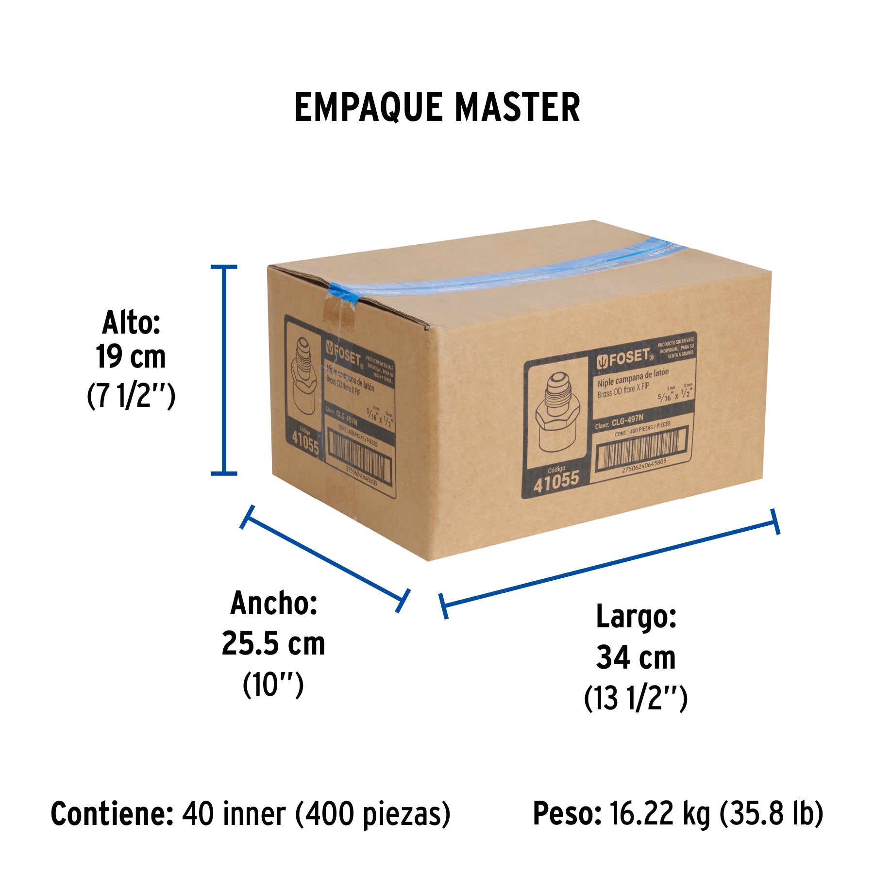 Niple campana de latón de 5/16" X 1/2", FOSET - Empaque