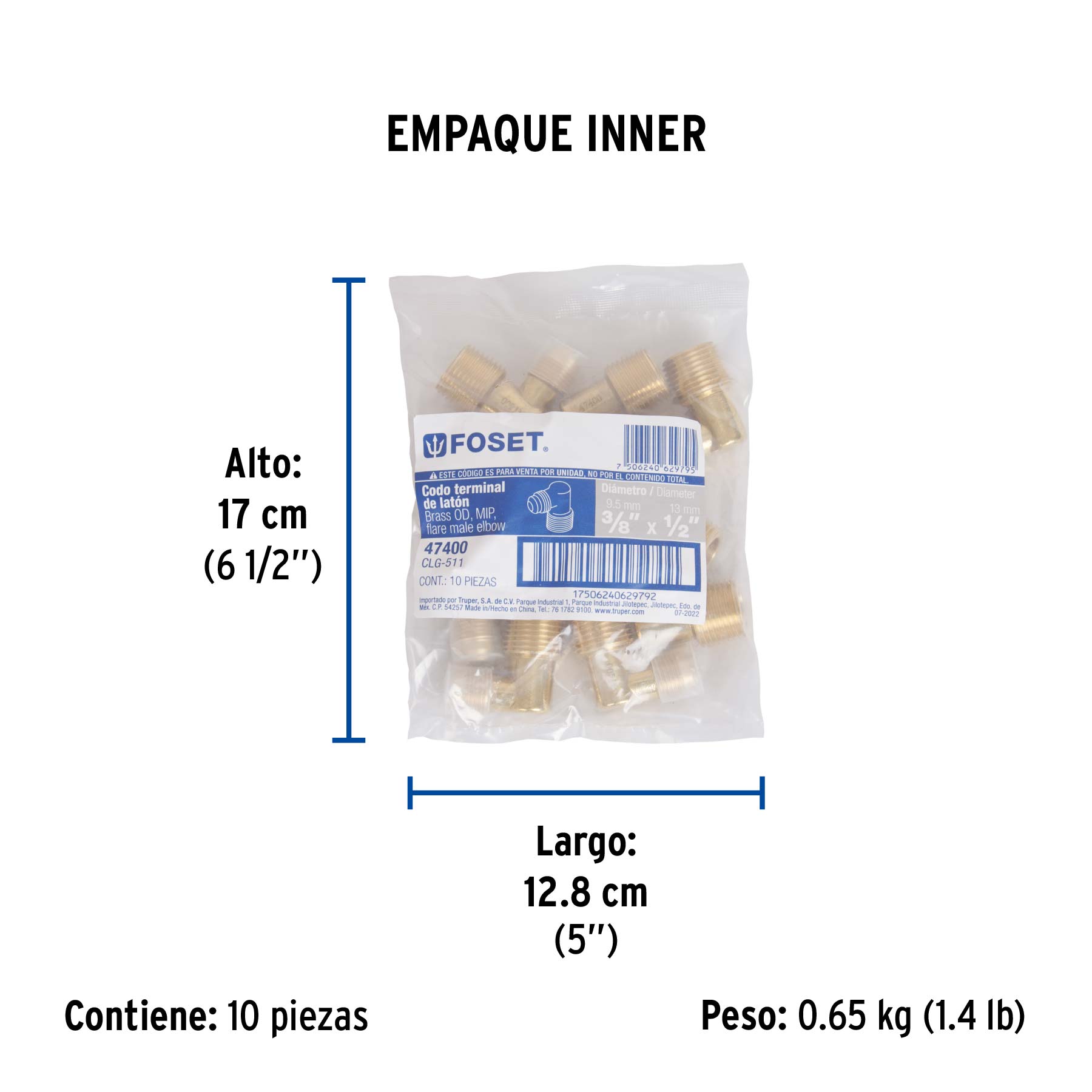 Codo terminal a 90° de latón 3/8 x 1/2", FOSET - Empaque