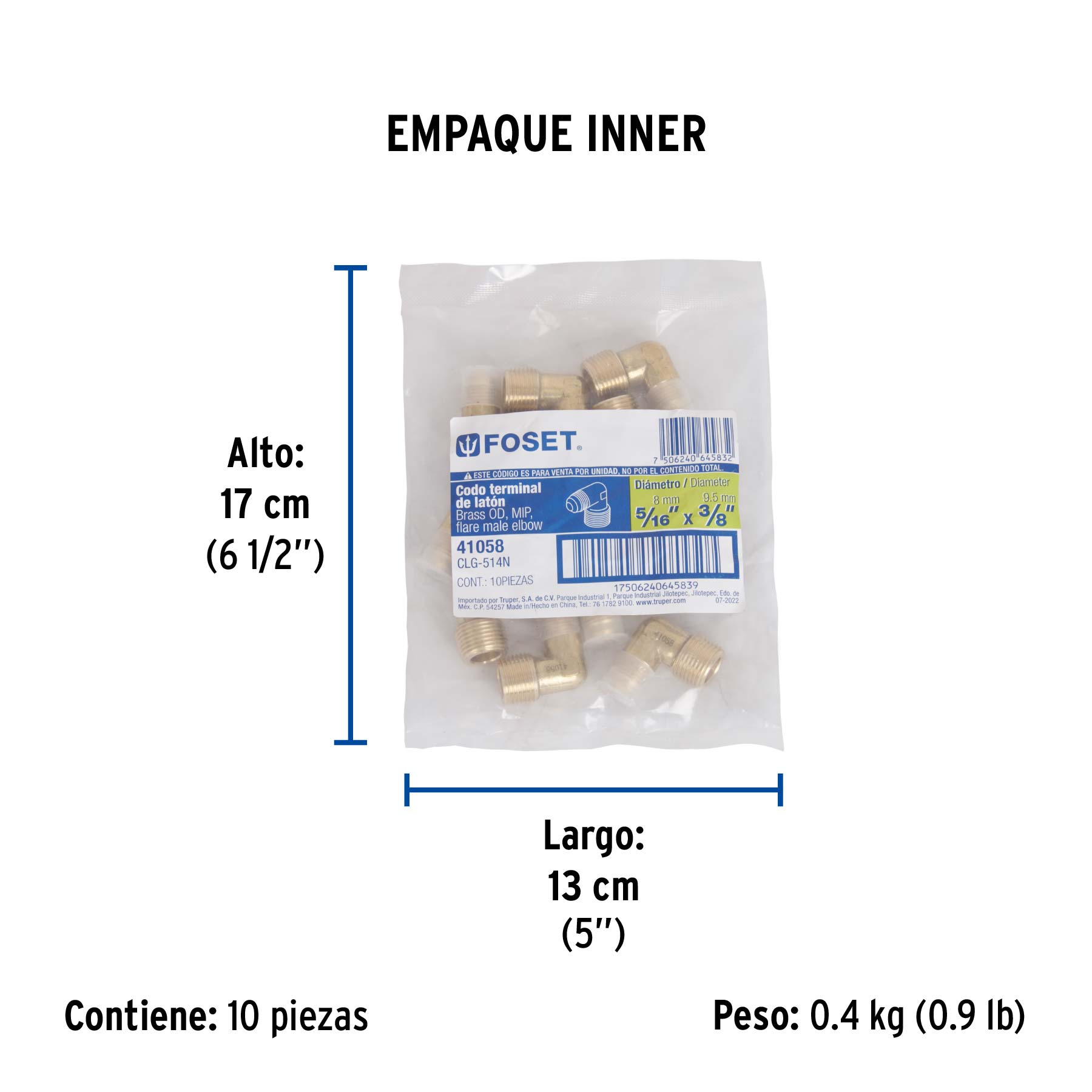 Codo terminal a 90° de latón 5/16" x 3/8", FOSET - Empaque