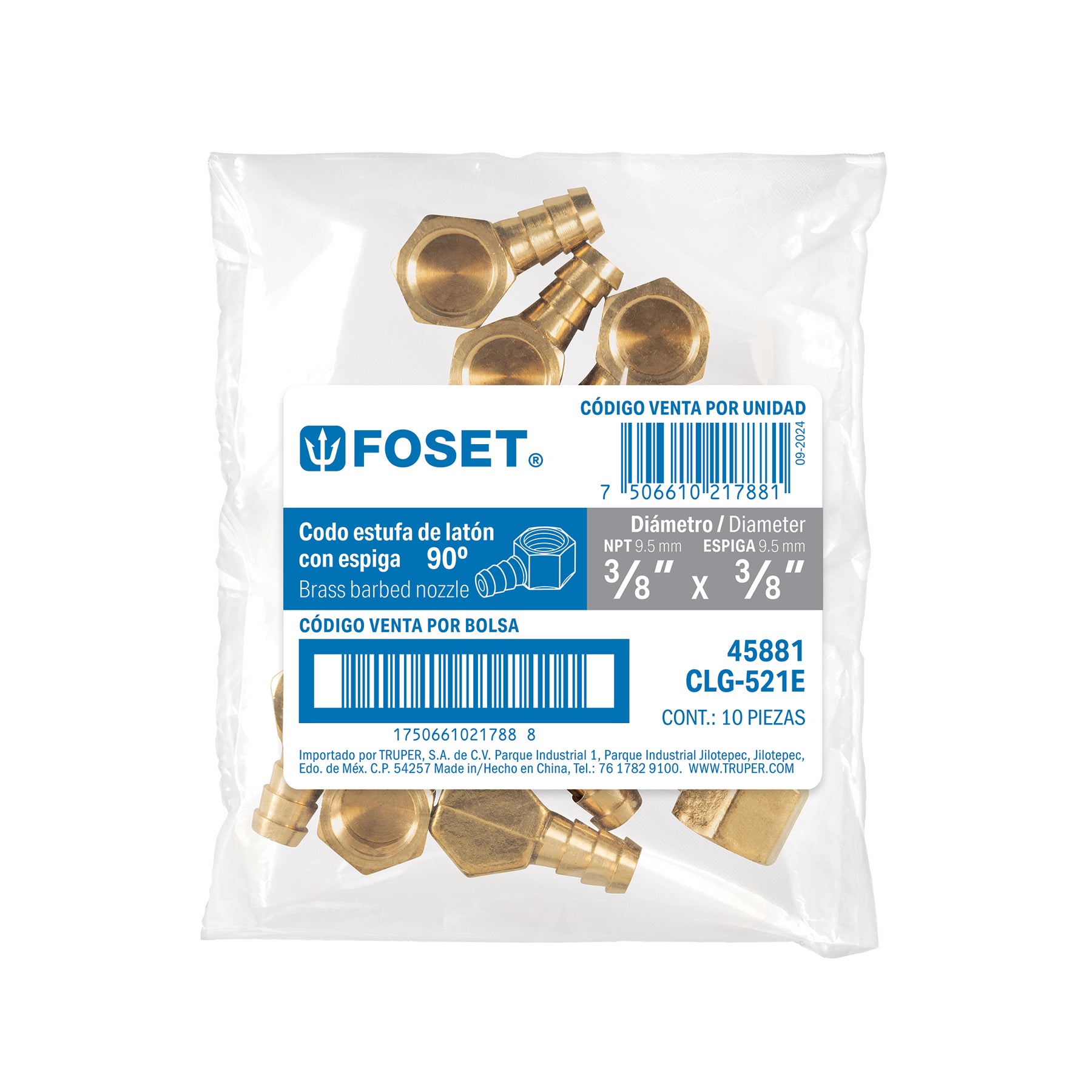 Codo estufa a 90° de latón con espiga de 3/8", FOSET