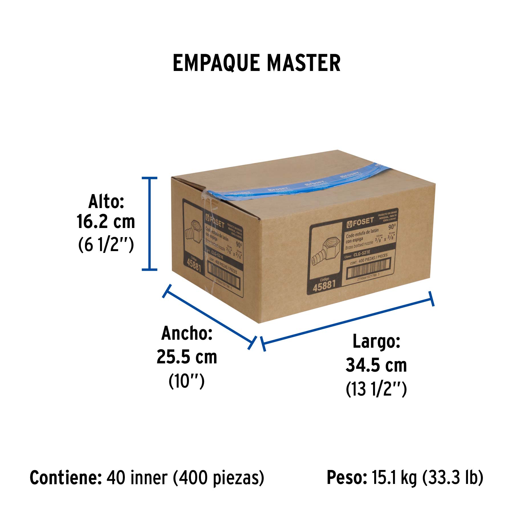 Codo estufa a 90° de latón con espiga de 3/8", FOSET - Empaque