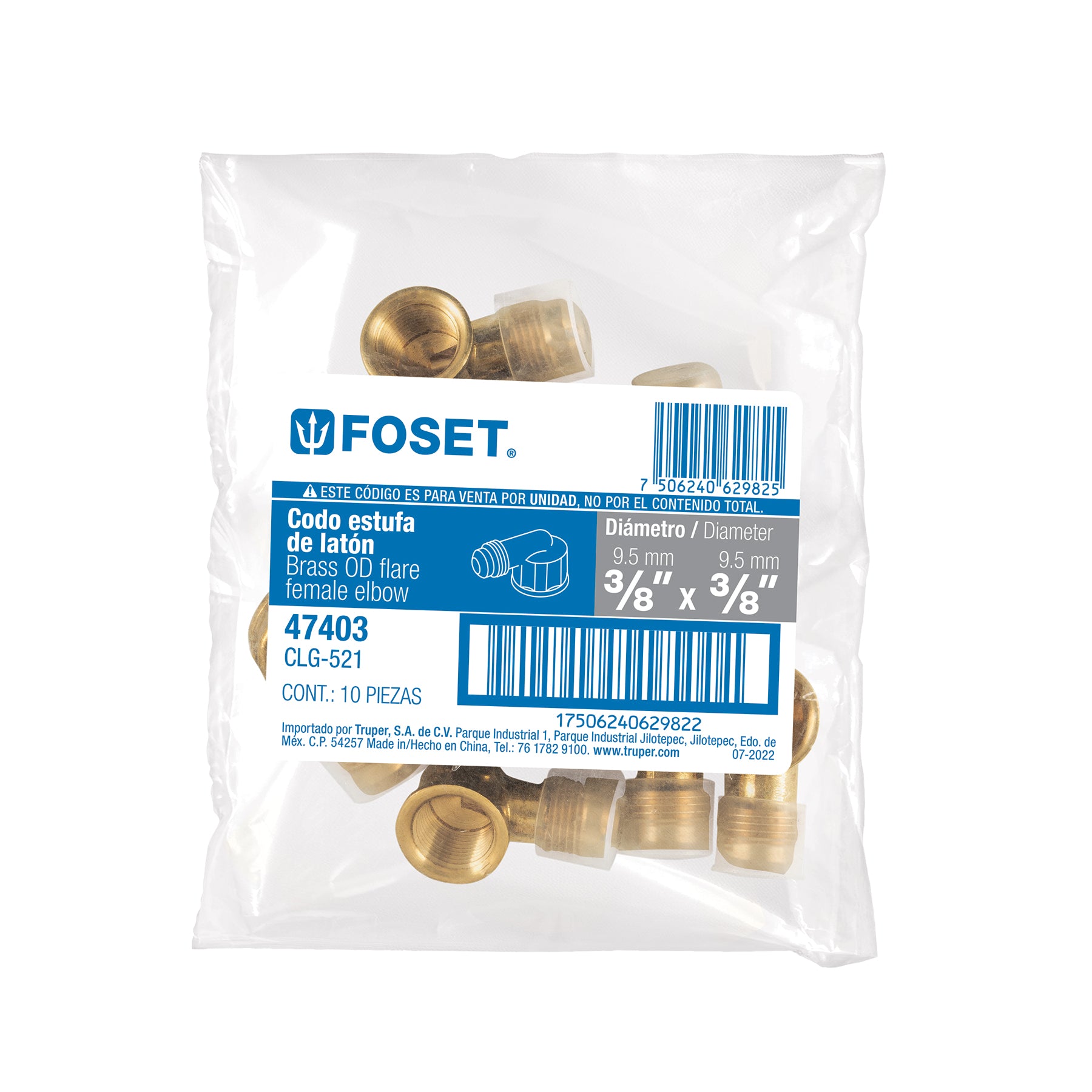 Codo para estufa a 90° de latón de 3/8 x 3/8", FOSET