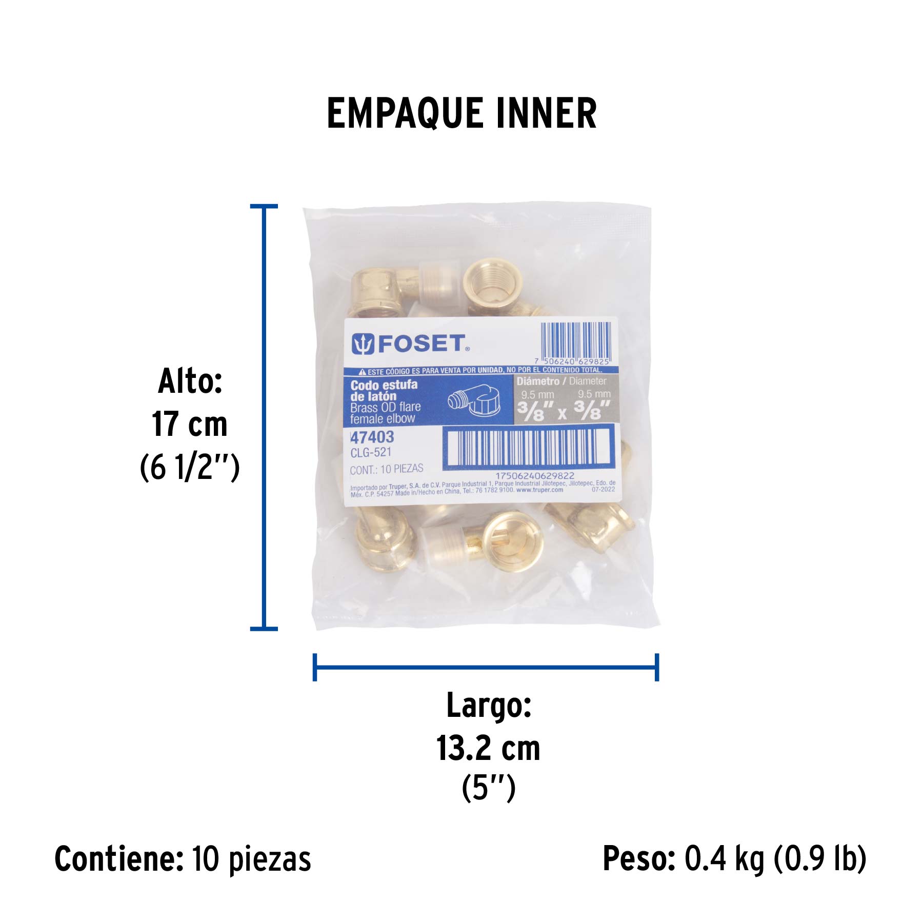 Codo para estufa a 90° de latón de 3/8 x 3/8", FOSET - Empaque