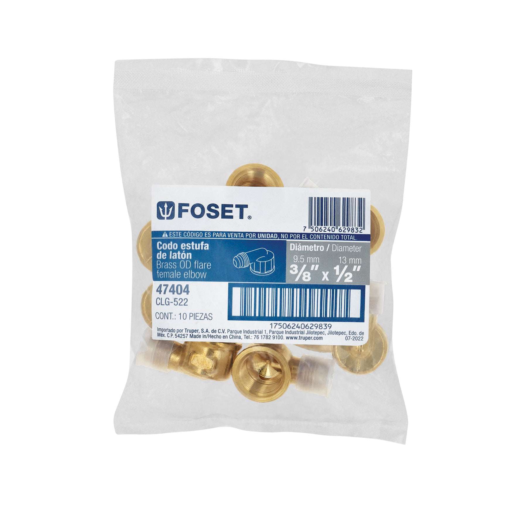 Codo para estufa a 90° de latón de 3/8 x 1/2", FOSET