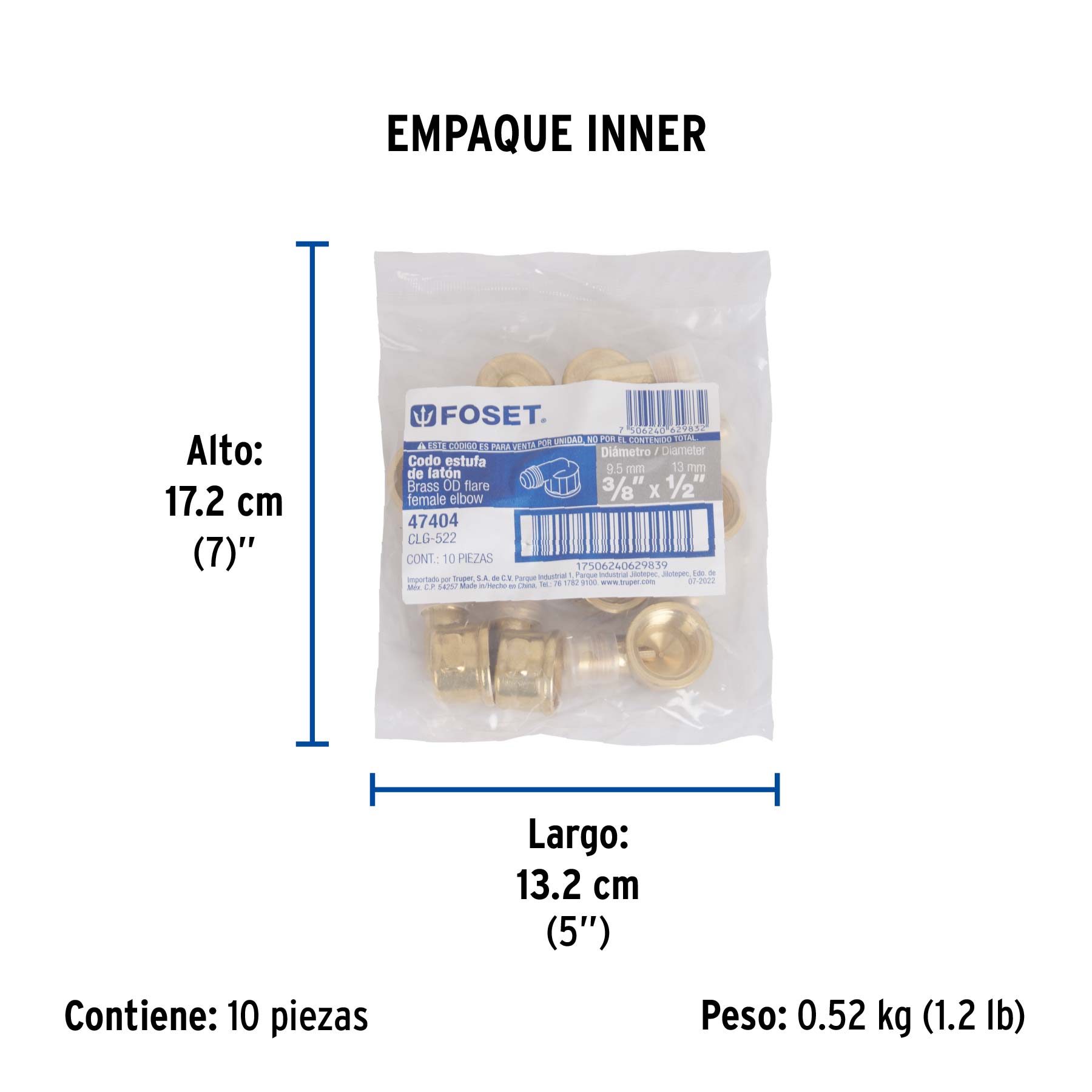 Codo para estufa a 90° de latón de 3/8 x 1/2", FOSET - Empaque