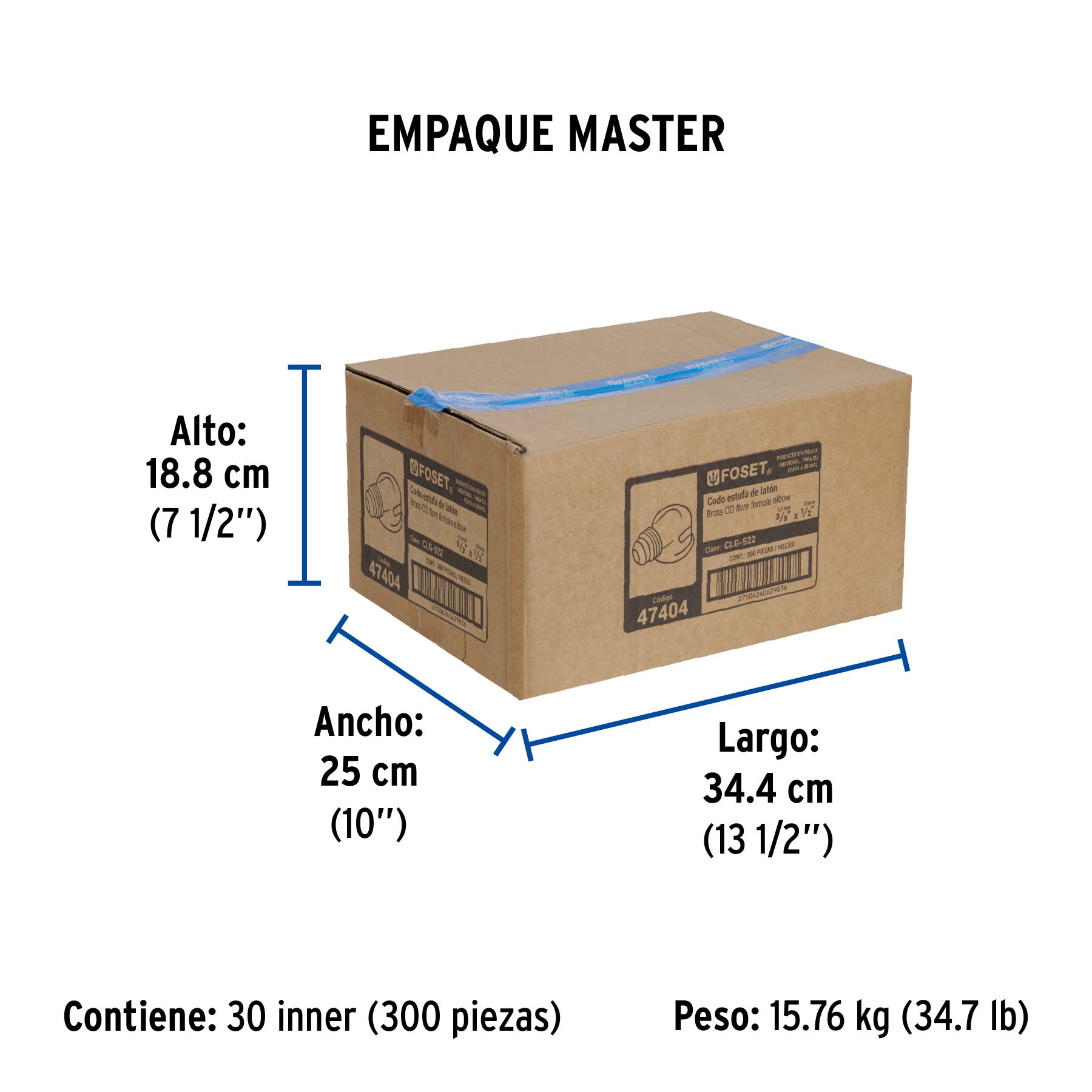 Codo para estufa a 90° de latón de 3/8 x 1/2", FOSET - Empaque
