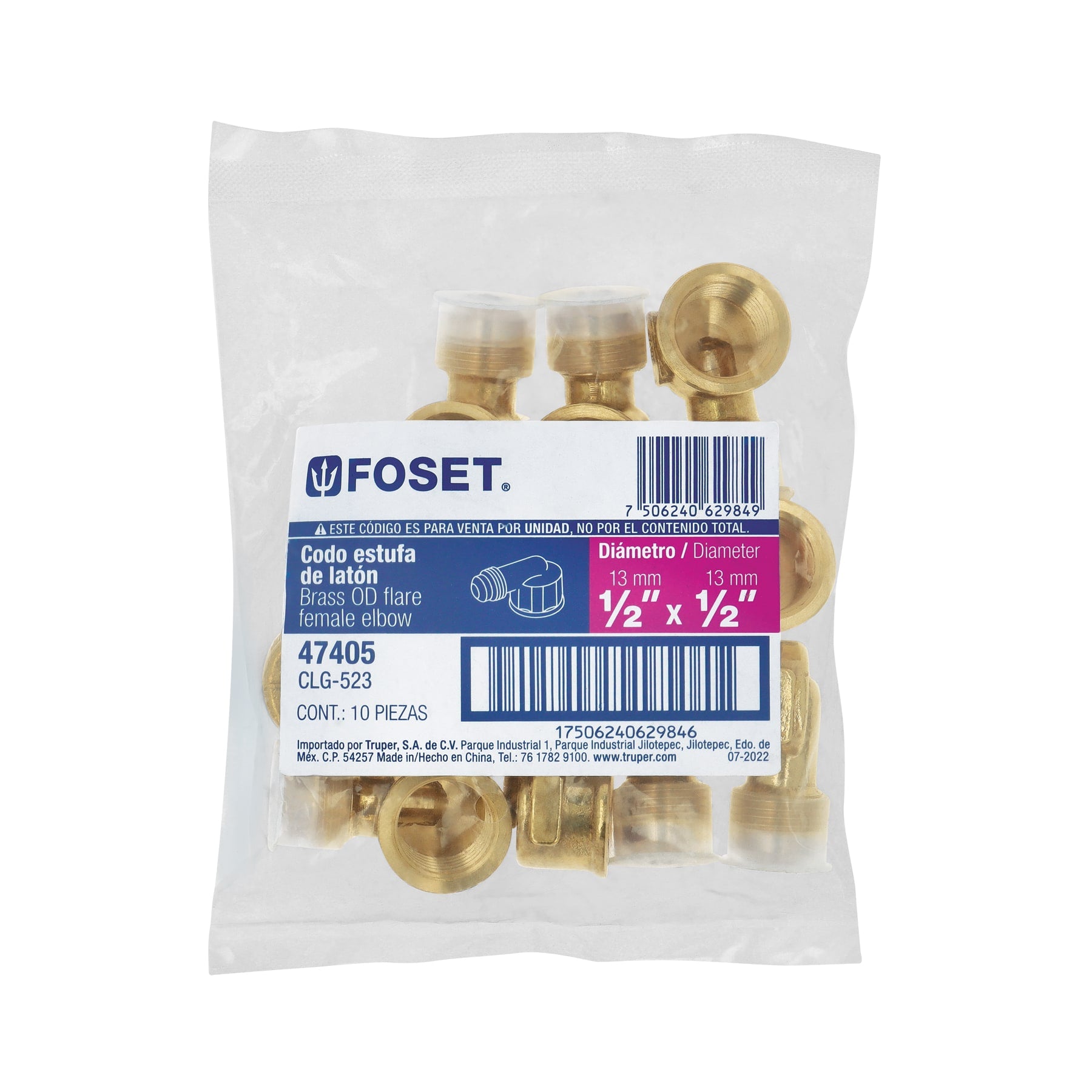 Codo para estufa a 90° de latón de 1/2 x 1/2", FOSET